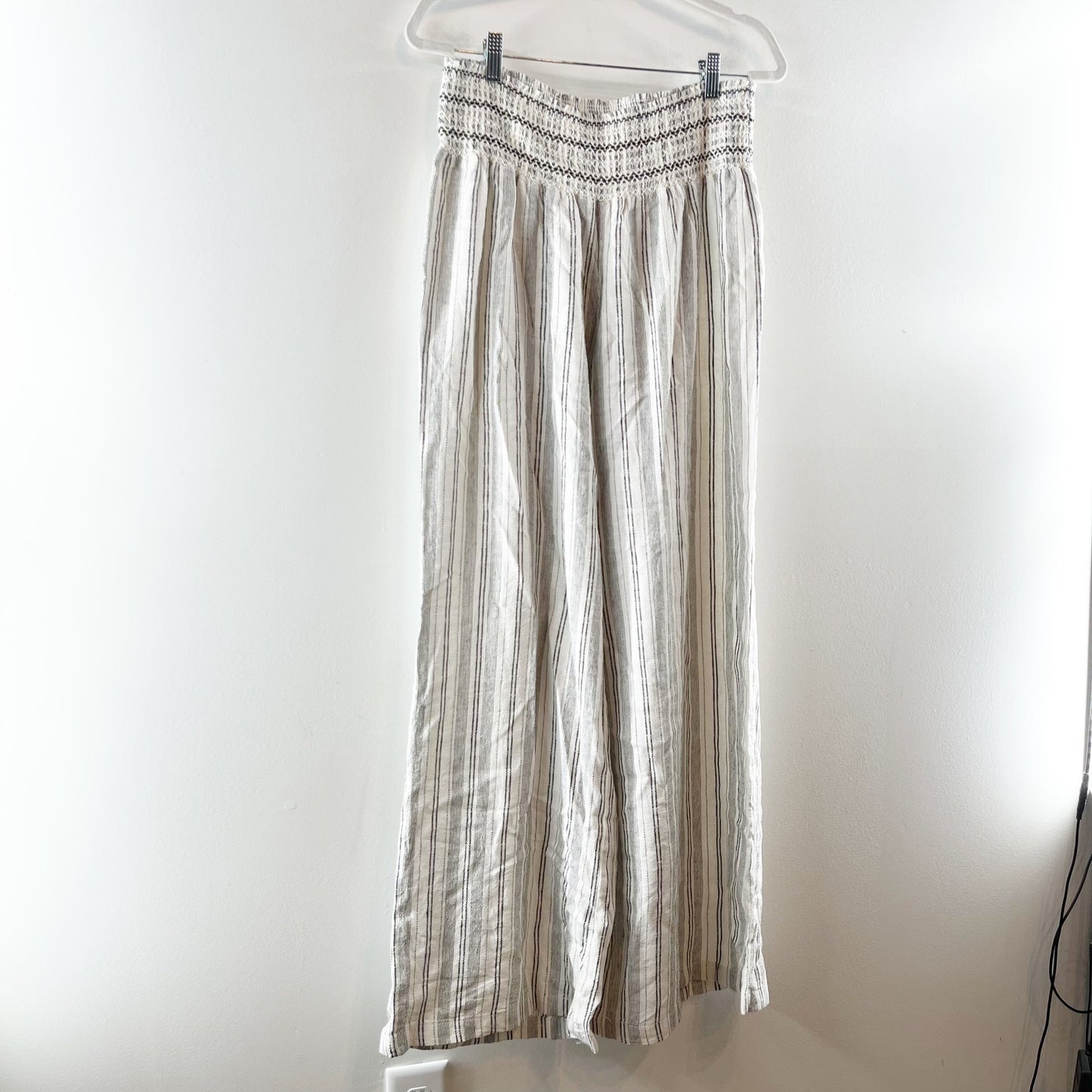 Rewash Smocked Waist Striped Wide Leg Linen Blend Pants White Blue XL