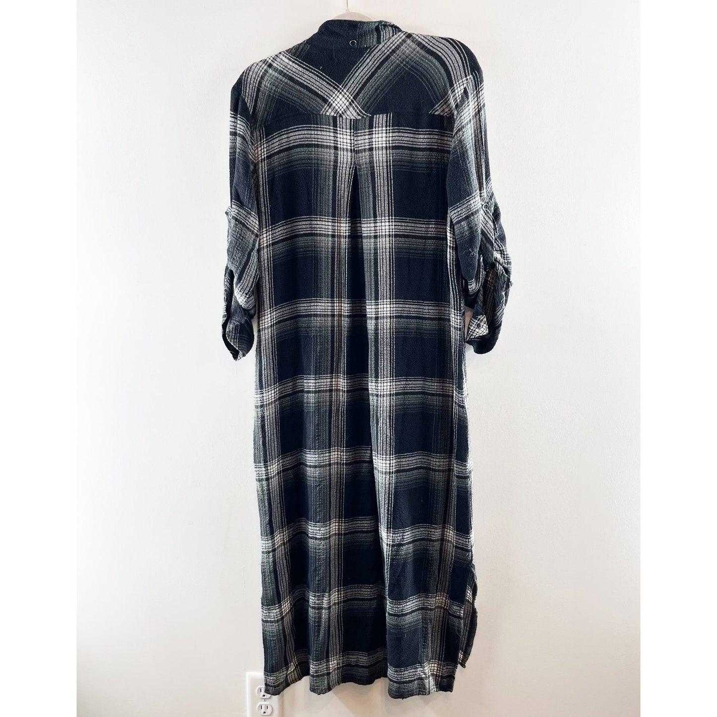 Cloth & Stone Cotton Plaid Flannel Button Up Midi Shirt Dress Black Gray Small