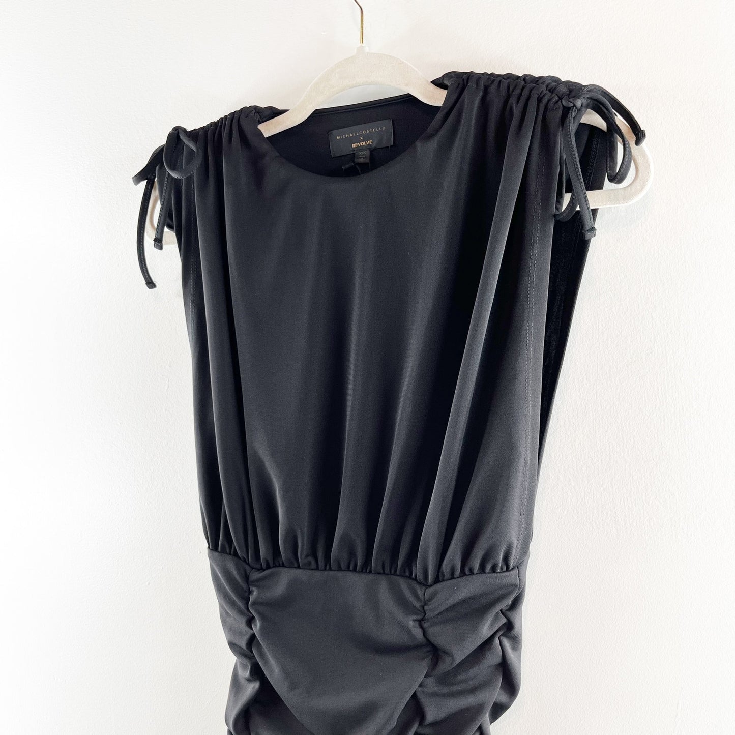 Michael Costello x Revolve Kirsten Ruched Tie Shoulder Mini Dress Black XXS