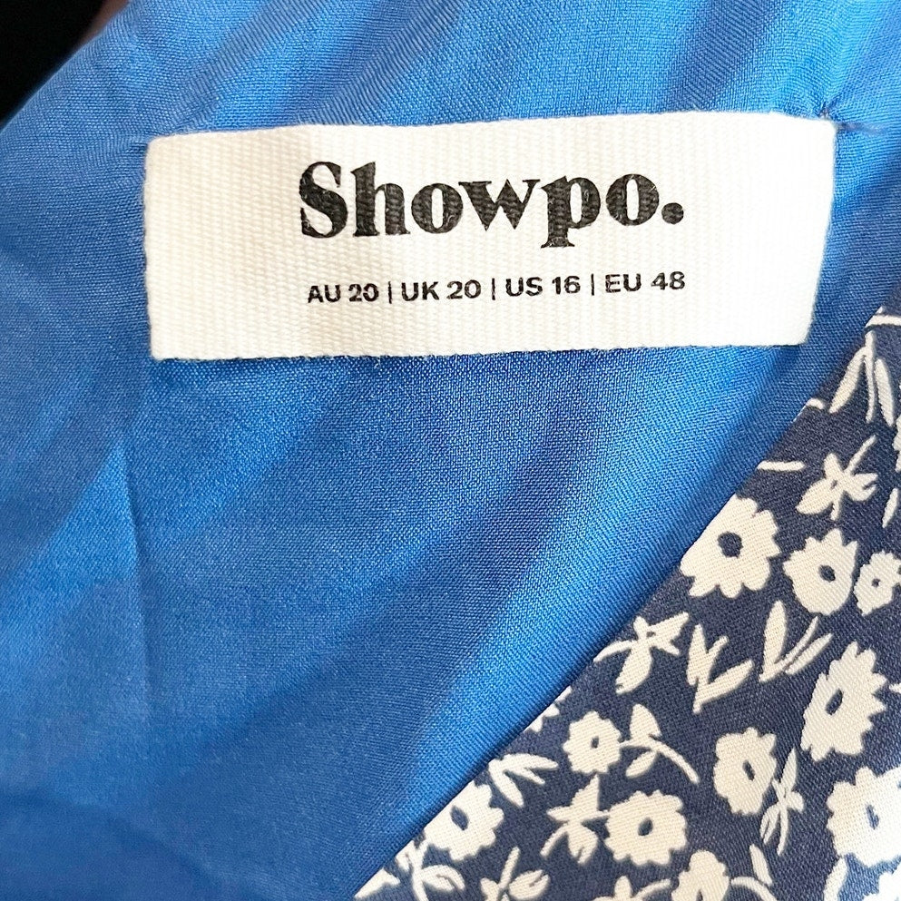 Showpo Sweetheart Neckline Ditsy Floral Slit Flutter Cap Sleeve Maxi Dress Blue