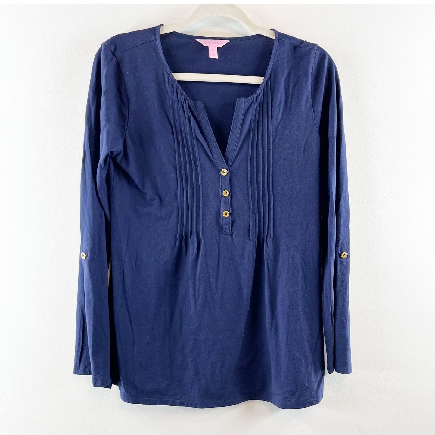 Lilly Pulitzer Pima Cotton Popover Roll Tab Sleeves Pintuck Henley Top Navy Med