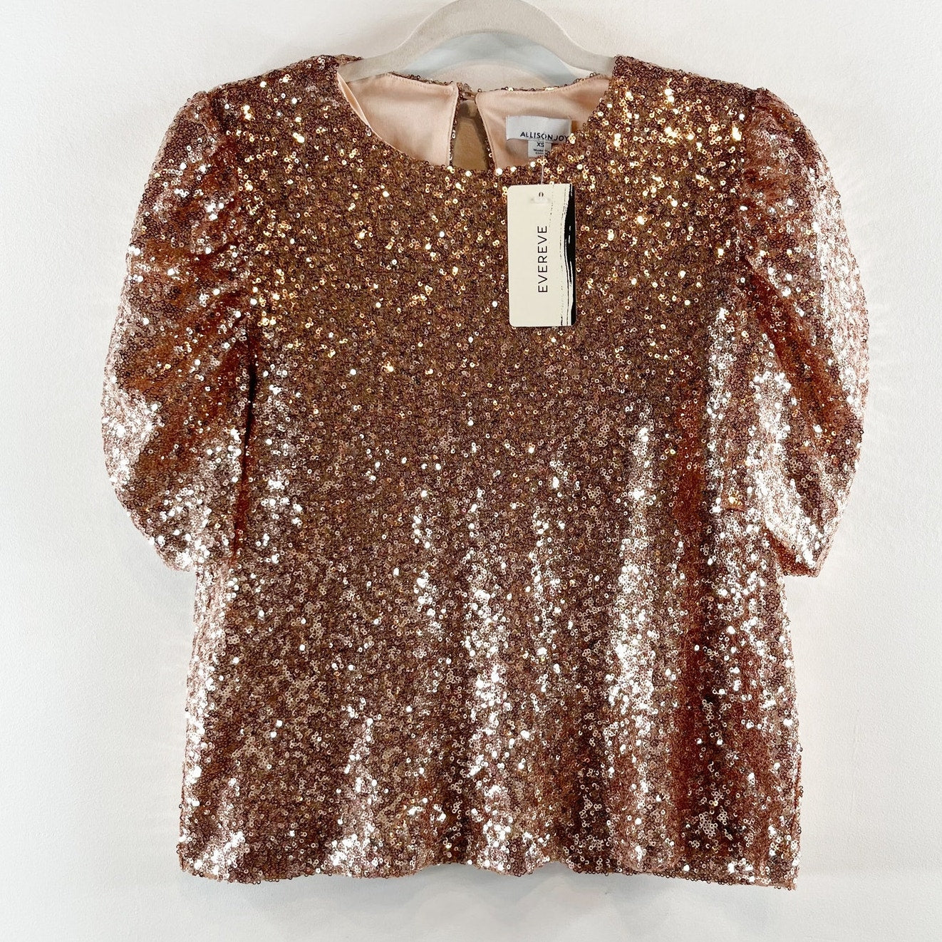 Allison Joy Evereve Adele Puff Short Sleeve Sequin Tee Shirt Top Gold XS