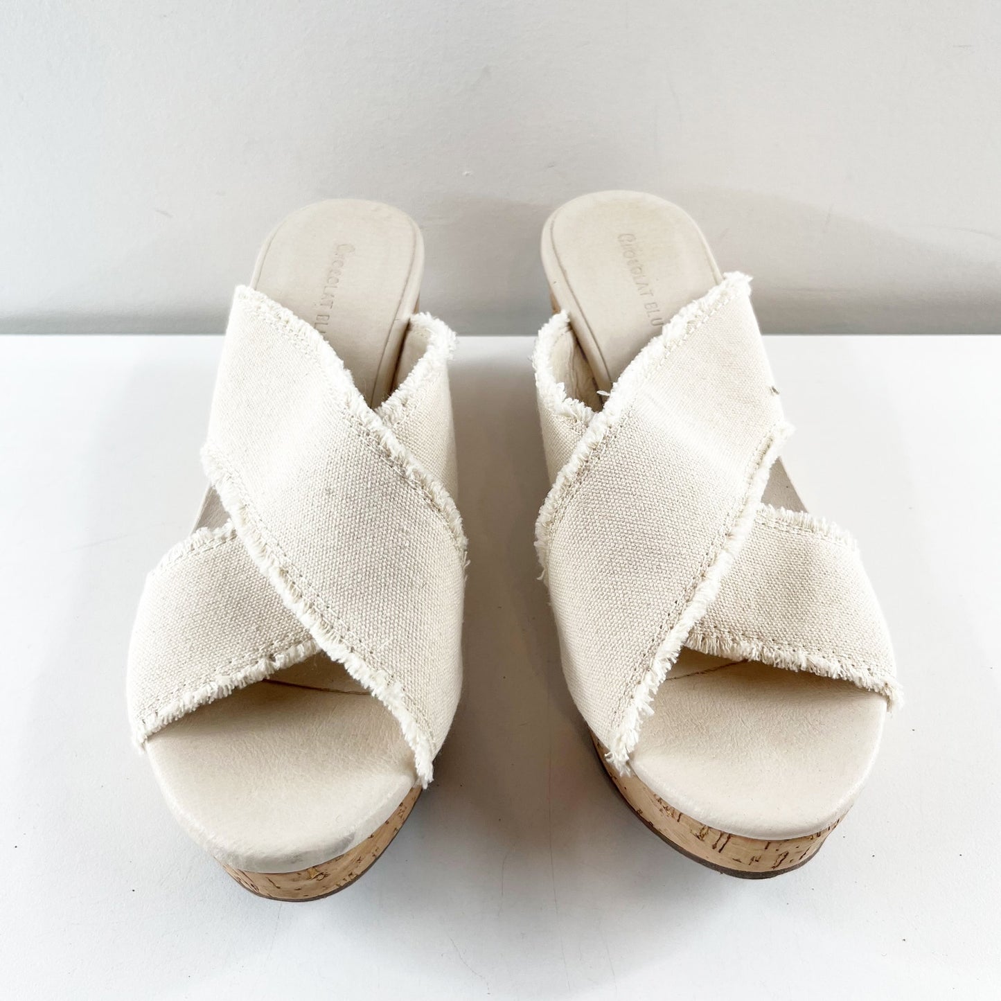 Chocolat Blu Criss Cross Cork Peep Toe Wedge Sandals Cream 8.5