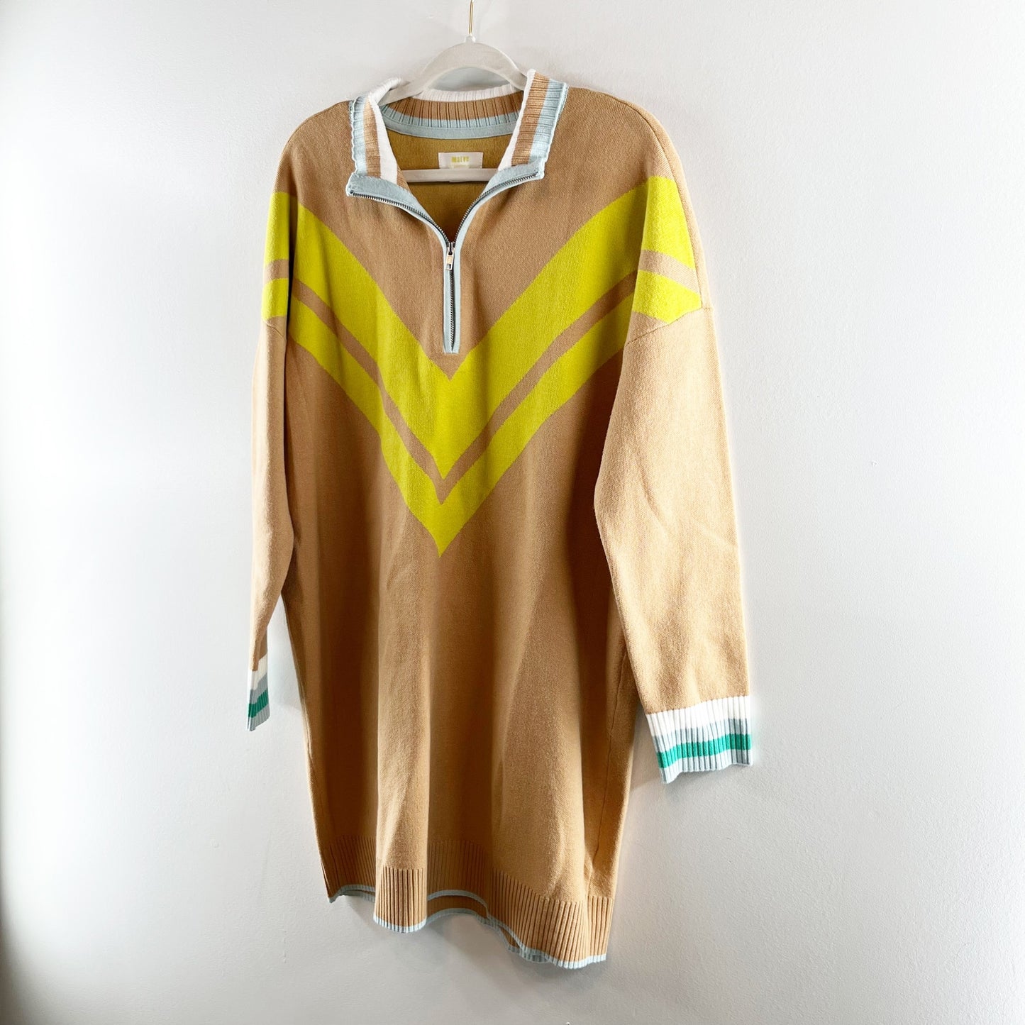 Maeve Anthropologie Varsity Half-Zip Tunic Mini Dress Neutral Tan Yellow Large