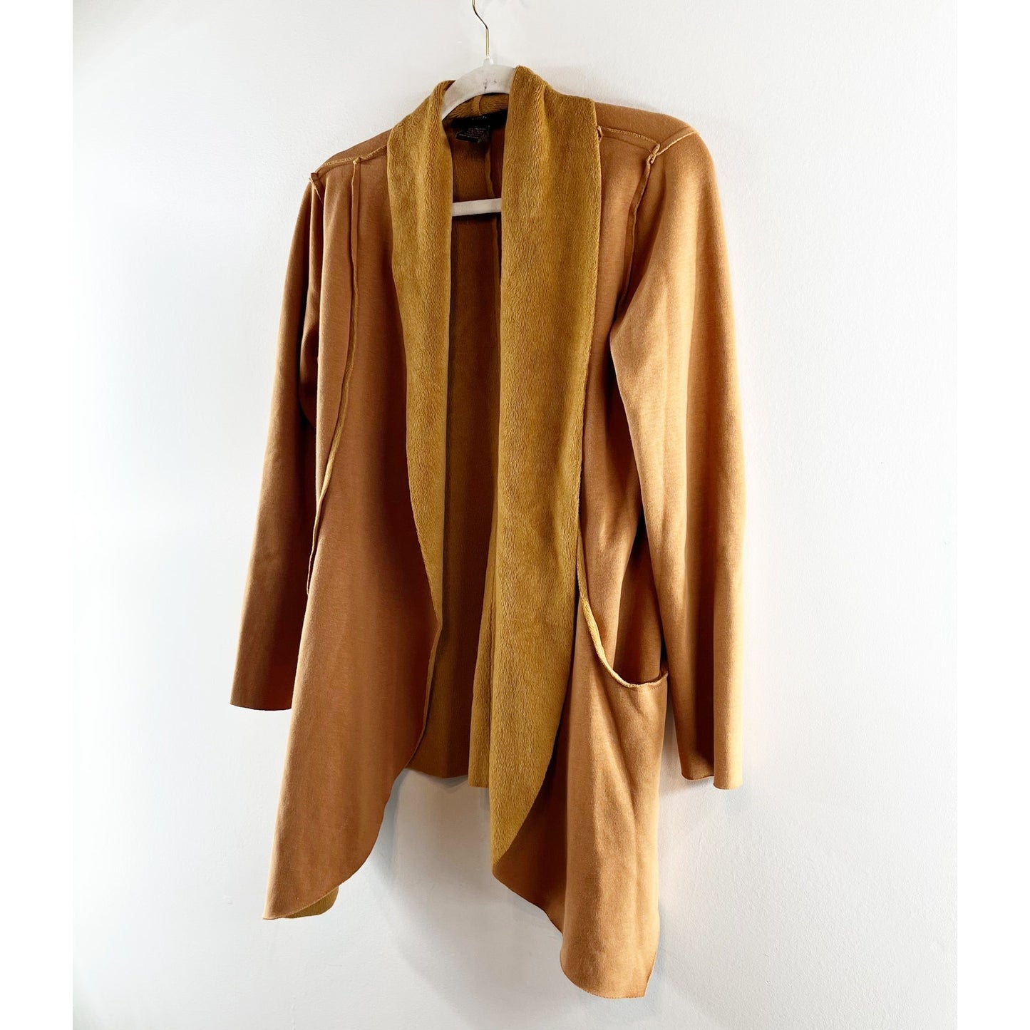 Rain and Rose Drape Front Long Sleeve Duster Cardigan Sweater Camel Mocha Small