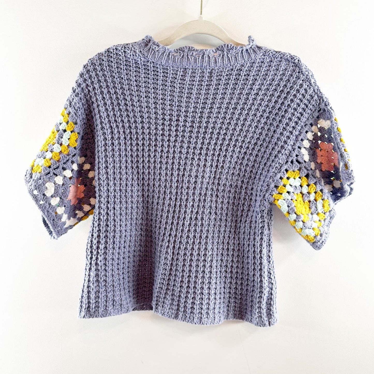 Universal Thread Short Sleeve Granny Square Crochet Knit Cropped Sweater Blue S