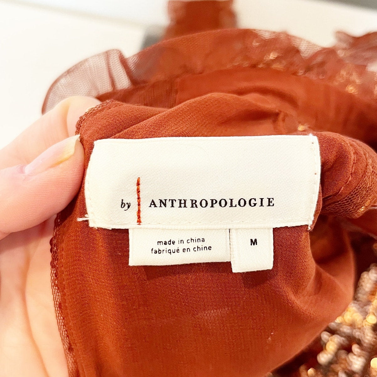 Anthropologie Keyhole Cutout Short Sleeve Sequin Top Blouse Burnt Orange Medium