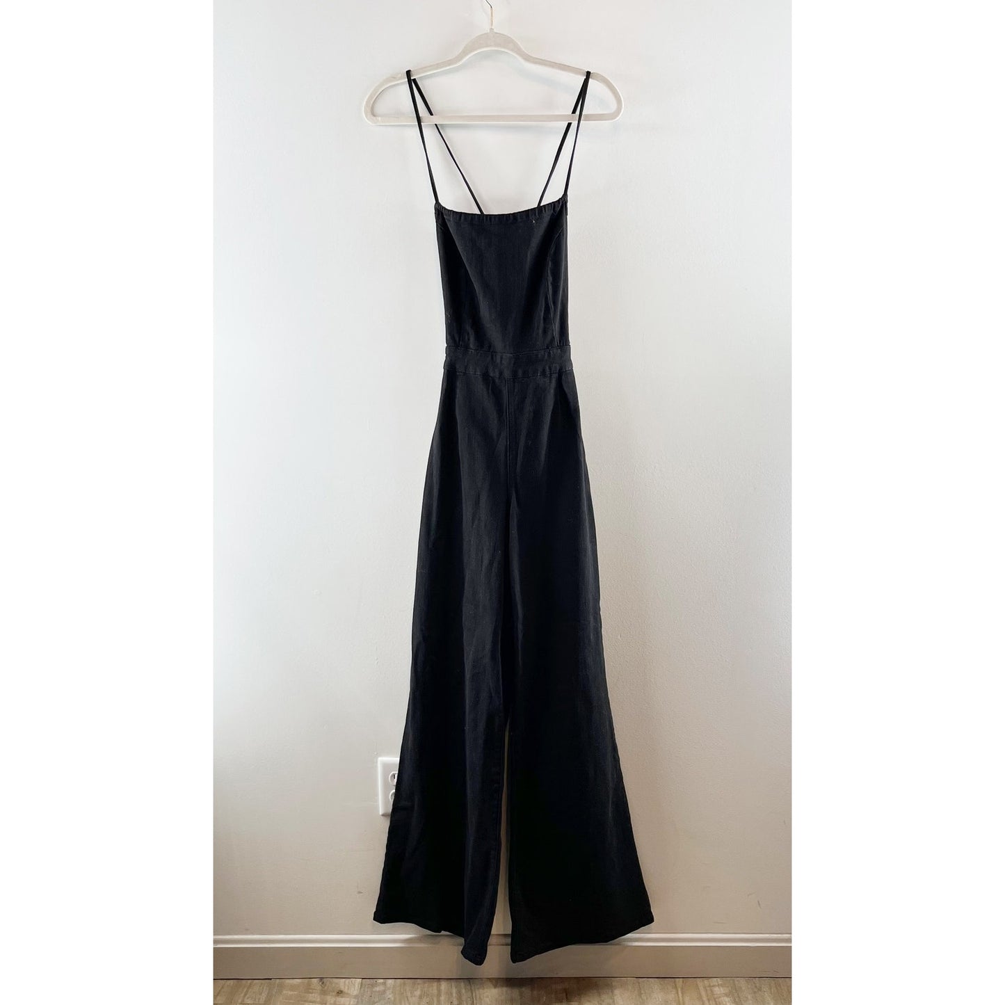 Good American Vacay Palazzo Strappy Back Wide Leg Denim Jumpsuit Black Large
