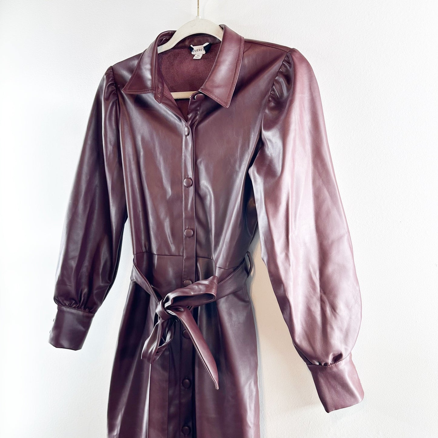 Evereve Isabella Long Sleeve Button Up Faux Leather Midi Dress Burgundy Brown XS