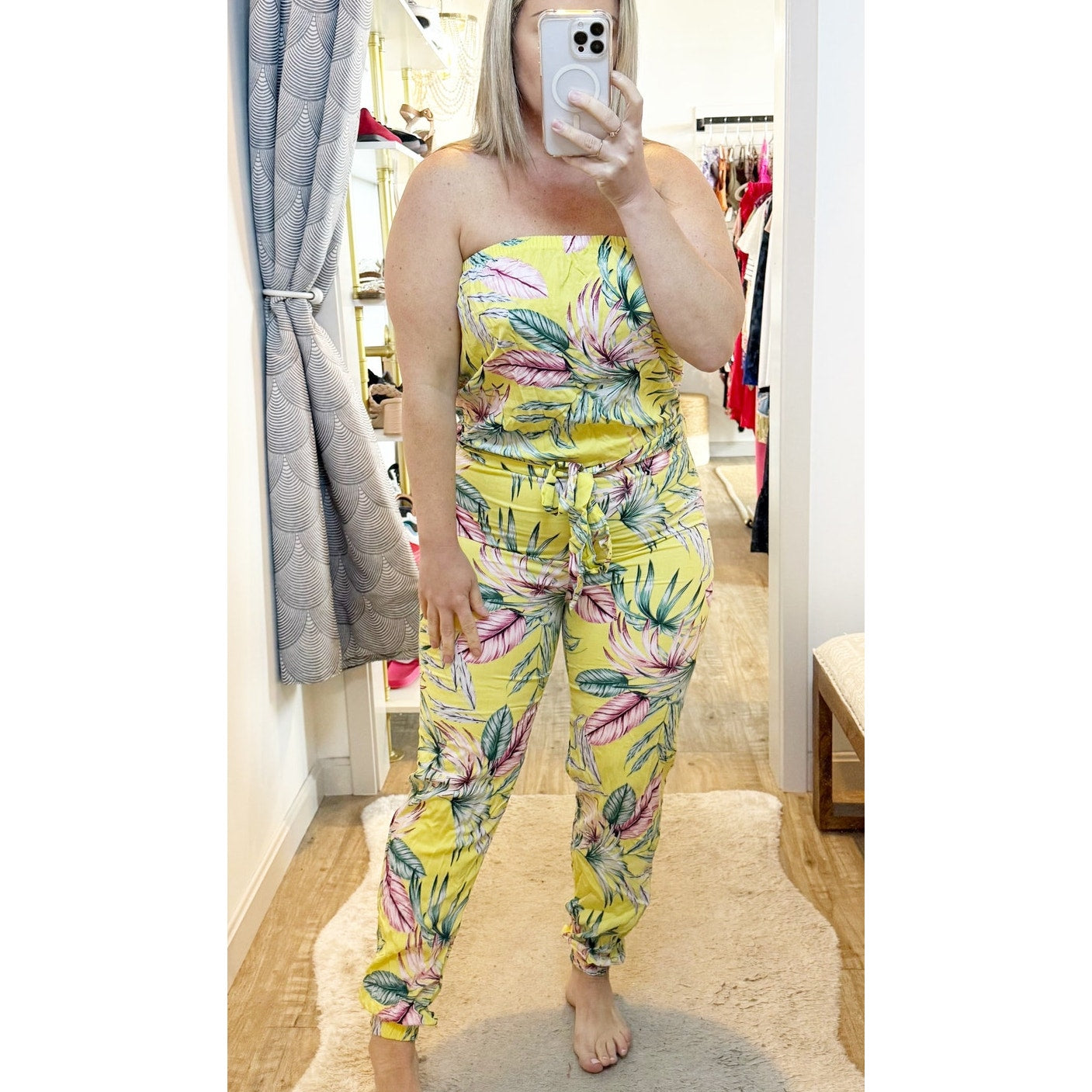 The Vanity Room Strapless Tropical Print Jogger Jumpsuit Banana Yellow Medium