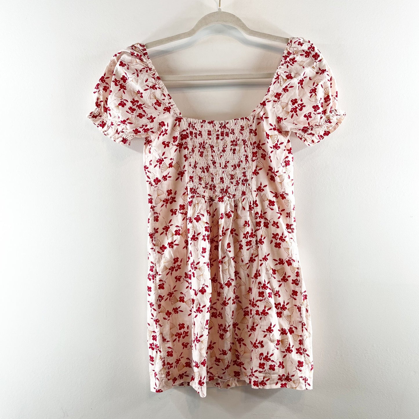 Urban Outfitters Britney Hook & Eye Puff Short Sleeve Mini Dress White Red Small