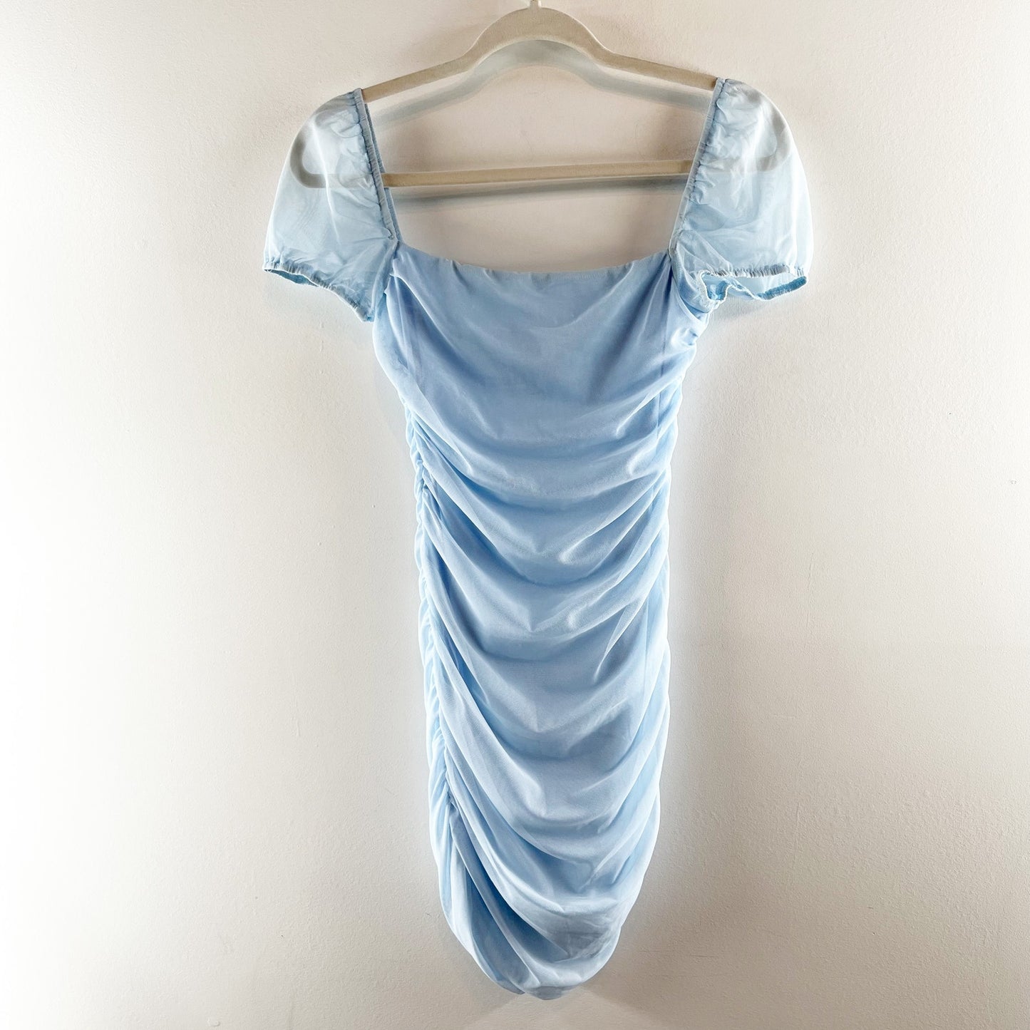 Princess Polly Charvi Sheer Puff Sleeves Ruched Bodycon Mini Dress Blue 0