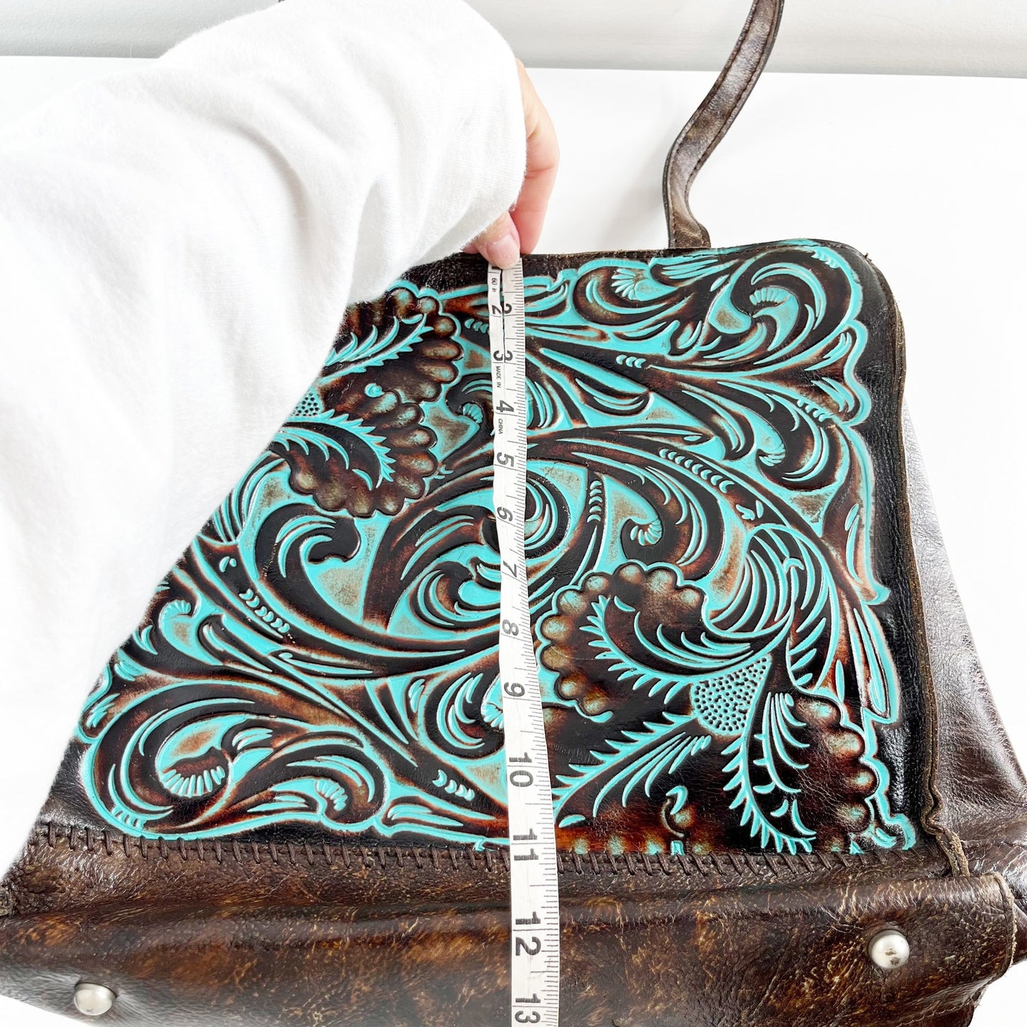 Patricia Nash Toscano Tooled Tote Leather Bag Purse Brown Turquoise