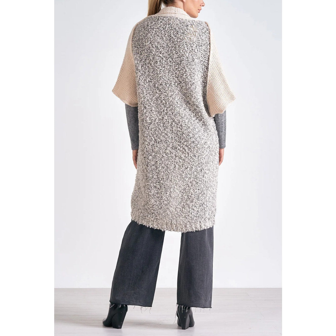 Elan Colorblock Short Sleeve Open Knit Sweater Cardigan Beige Gray One Size