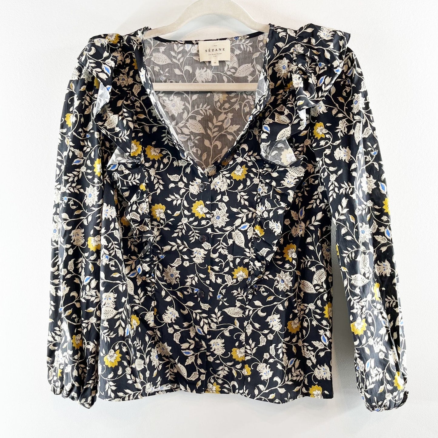 Sezane Roby Ruffle Long Sleeve Floral Cotton Poplin Blouse Black 36 / US 4