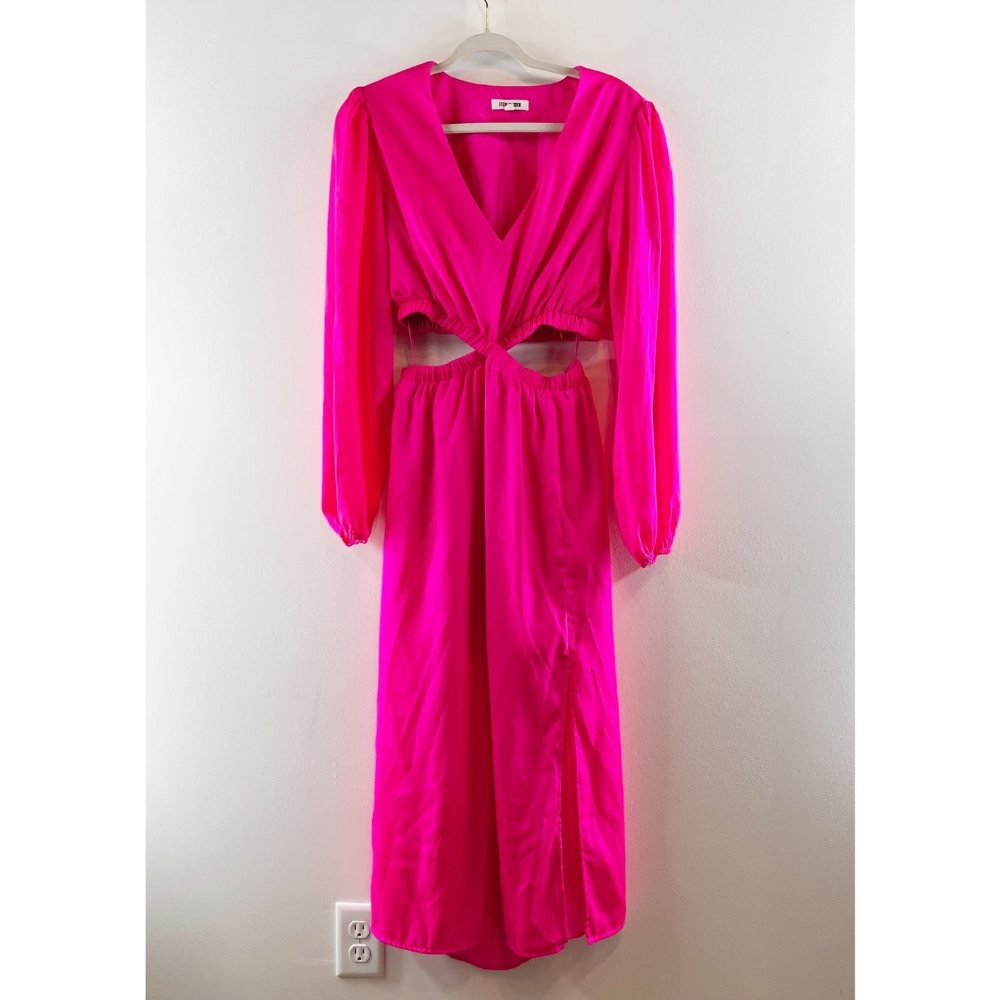 Steve Madden Cerys Long Sleeve Cutout Satin Midi Dress Pink Large