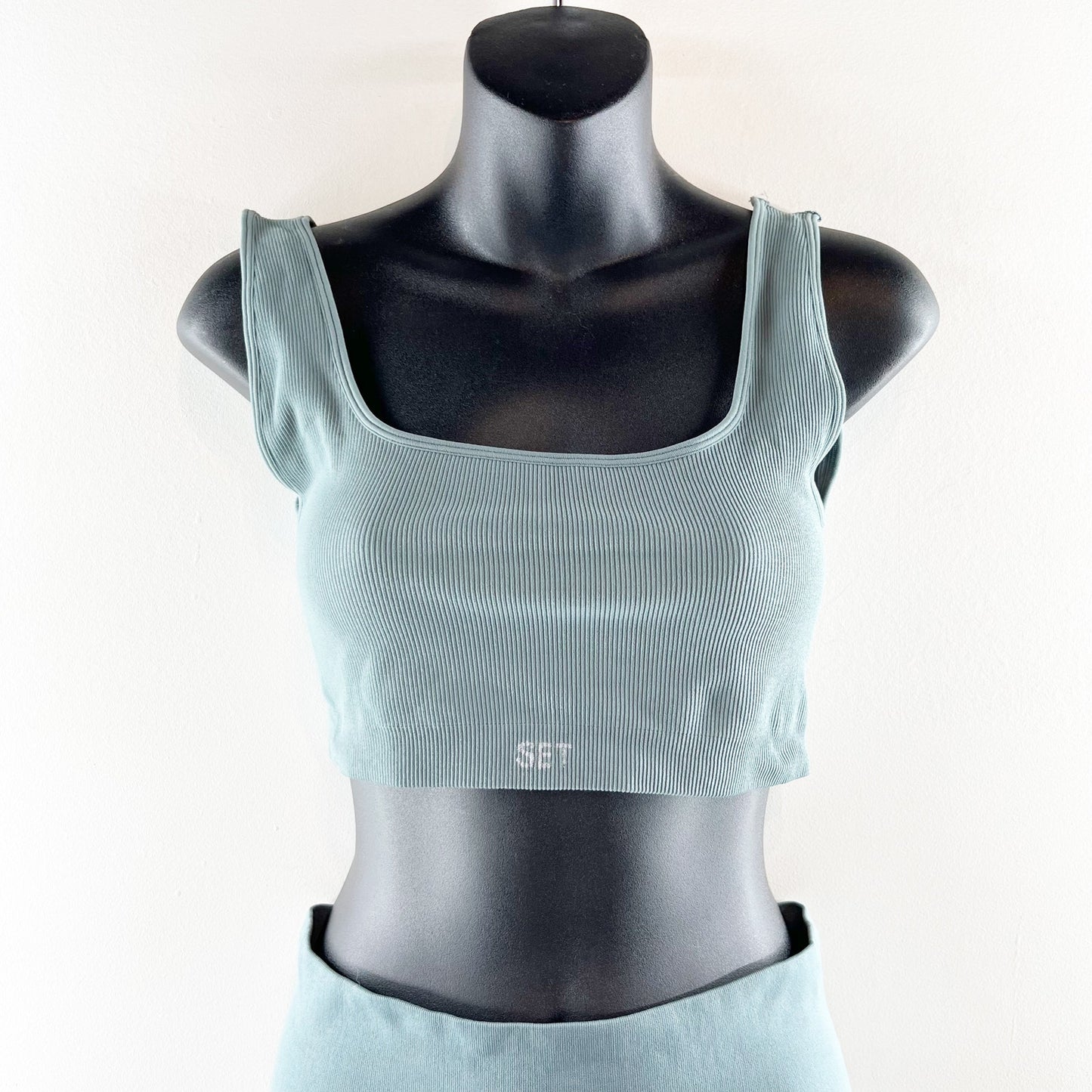 SET Active Sculptflex Power Ribbed Sports Bra Bike Short Set Muted Blue Large