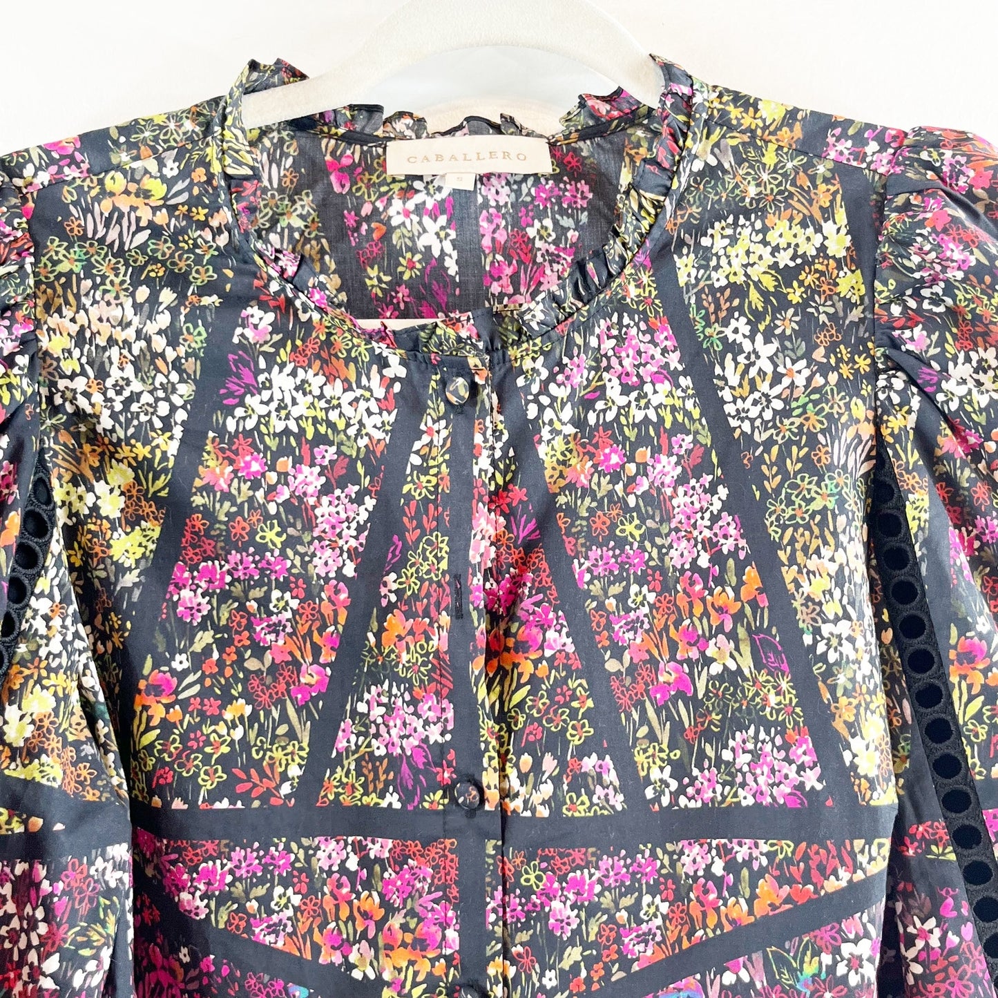Caballero Celeste Puff Sleeve Floral Print Blouse Top Green Purple Small