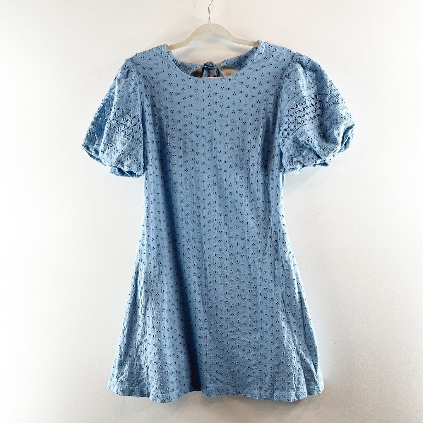 Free People Apricot Rose Puff Short Sleeve Eyelet Lace Mini Dress Blue Large
