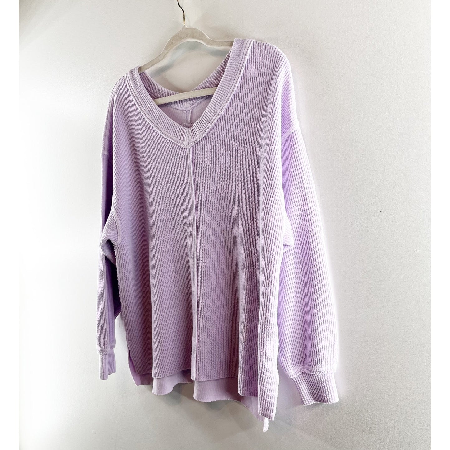 Aerie Wonder Textured Waffle V Neck Oversized Sweatshirt Purple Small