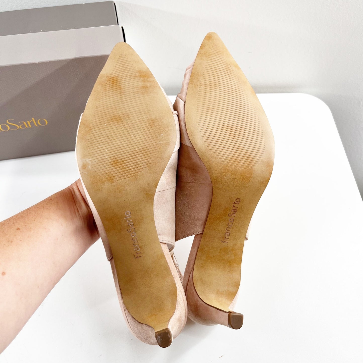 Franco Sarto Dayanara Suede Pointed Toe Slingback Kitten Heels Peach Pink 10