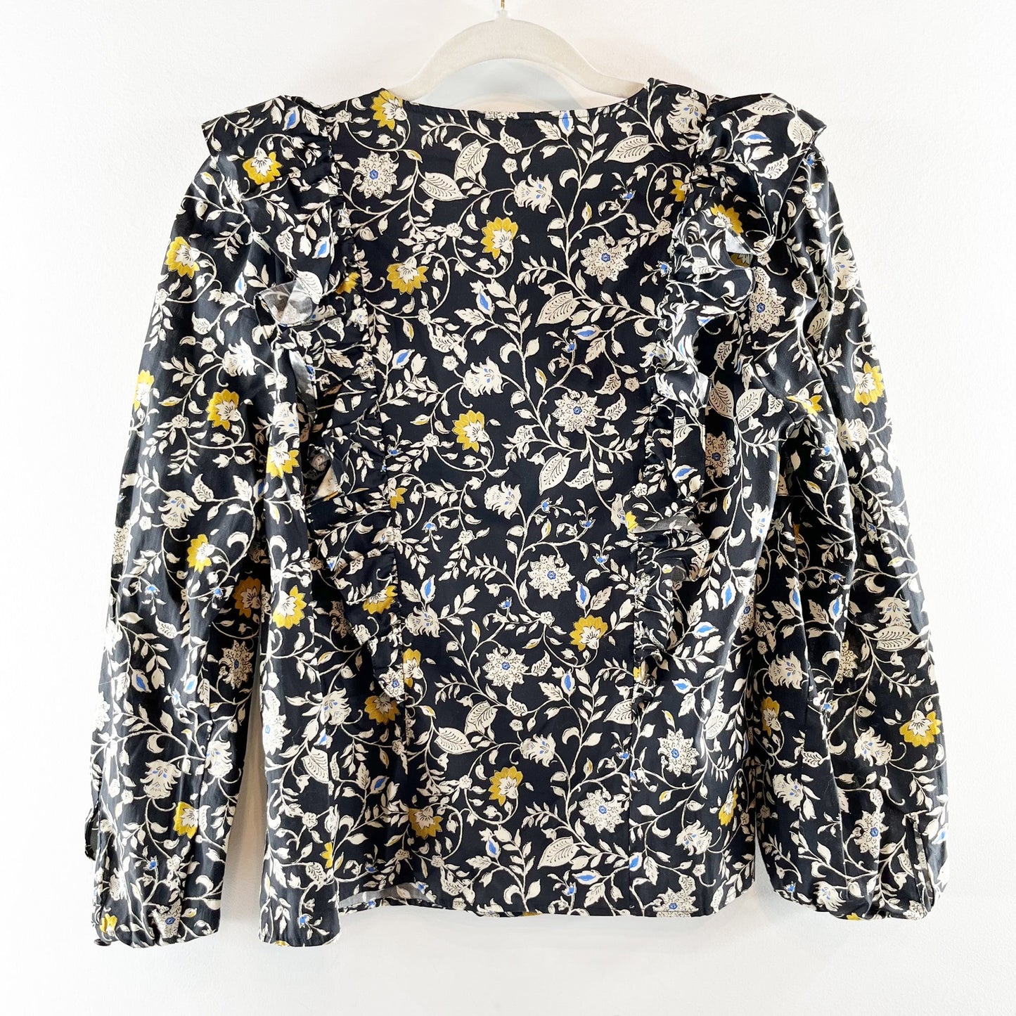 Sezane Roby Ruffle Long Sleeve Floral Cotton Poplin Blouse Black 36 / US 4