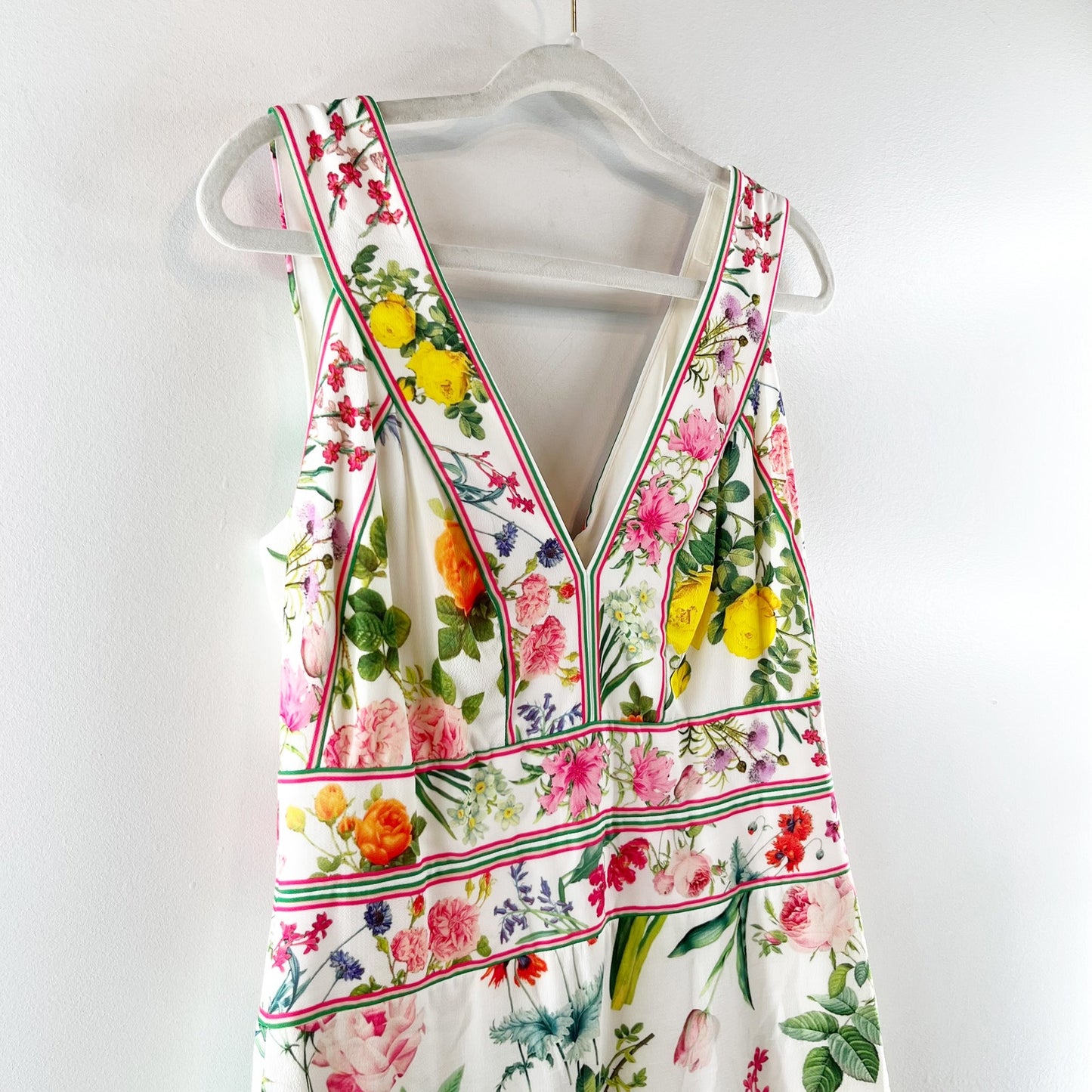 Tadashi Shoji V Neck Pleated Hem Floral Olga Dress White 10