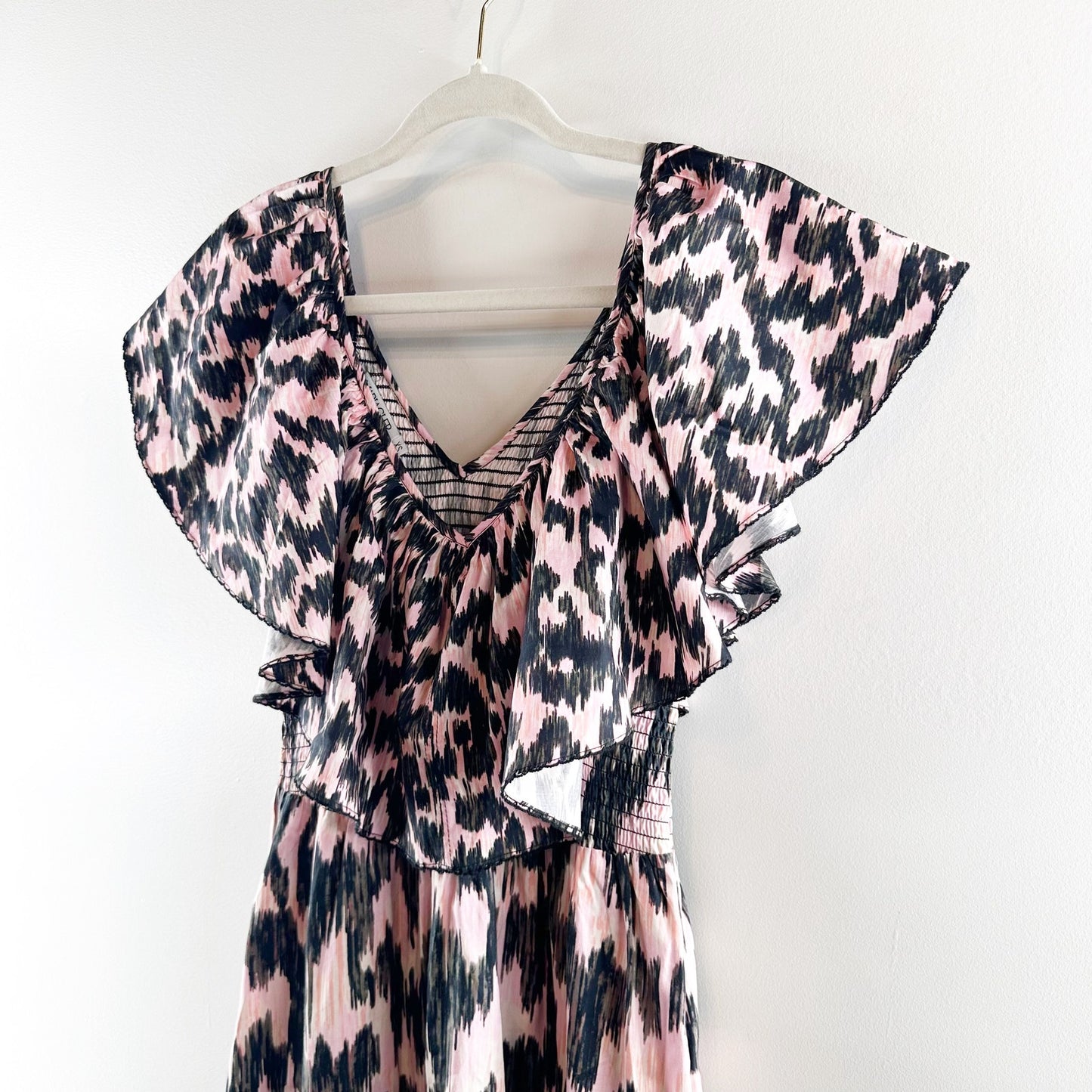 Maria Cher Dabir 100% Cotton Ruffle Trim V-Neck Smocked Midi Dress Pink Black XS