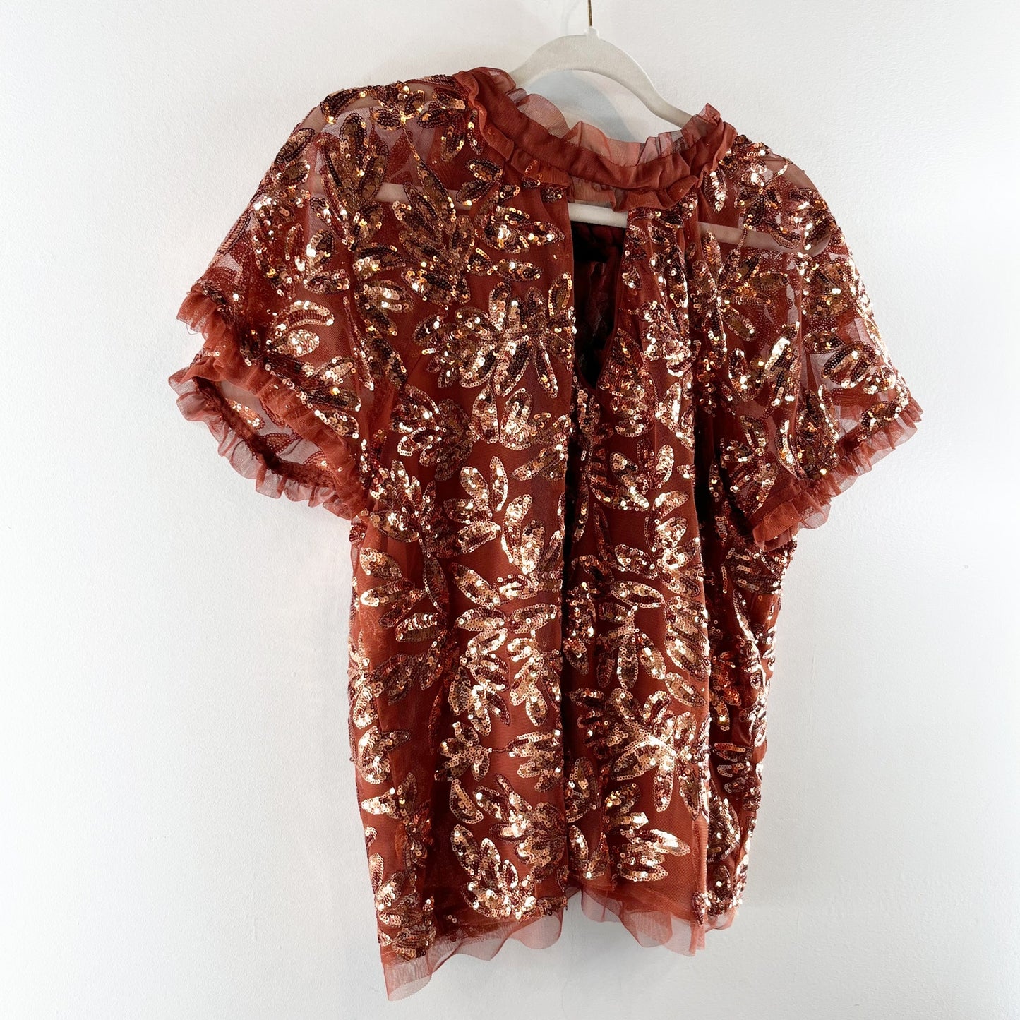 Anthropologie Keyhole Cutout Short Sleeve Sequin Top Blouse Burnt Orange Medium