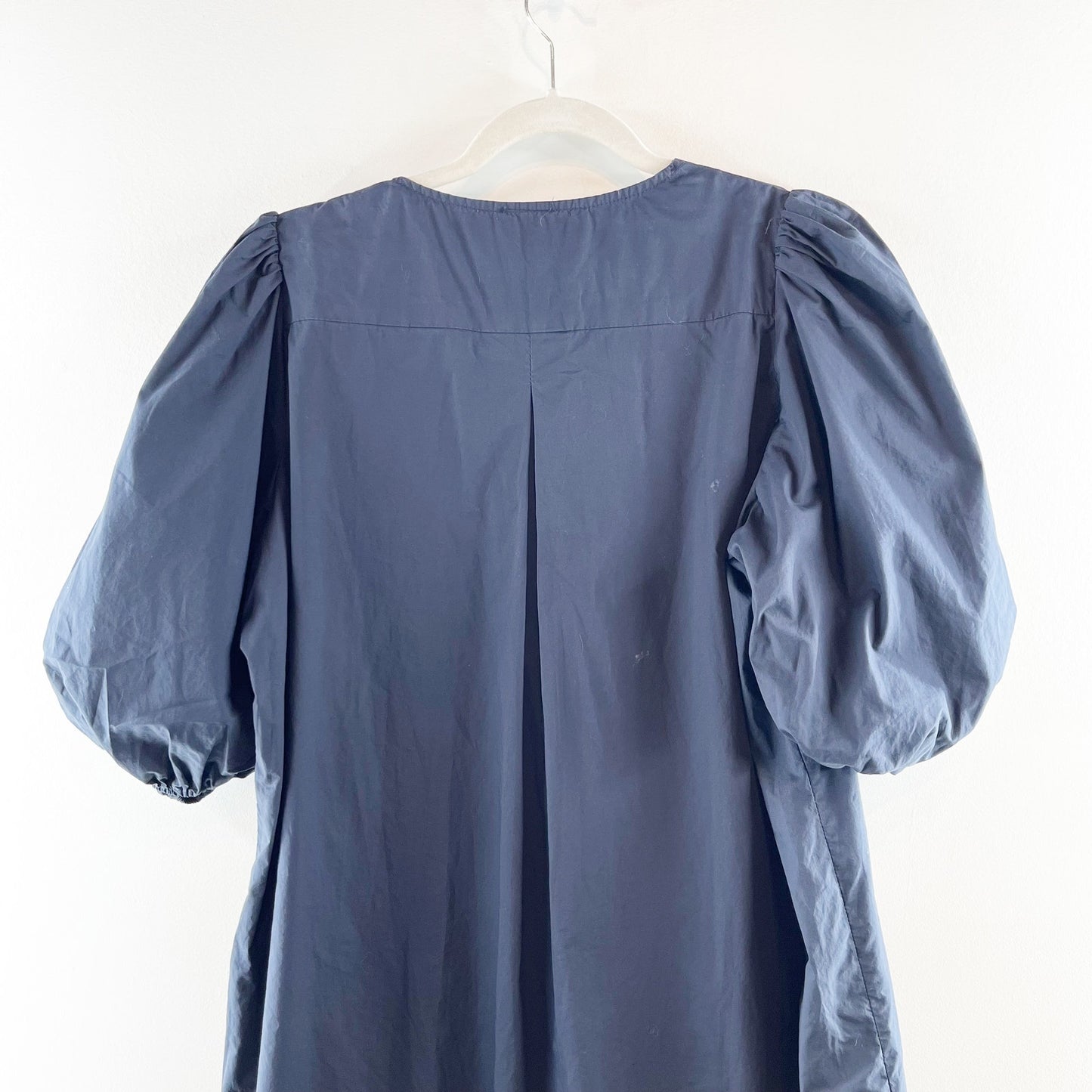 ForCynthia Puff Sleeve V Neck Tunic Cotton Poplin Mini Dress Navy Blue Large
