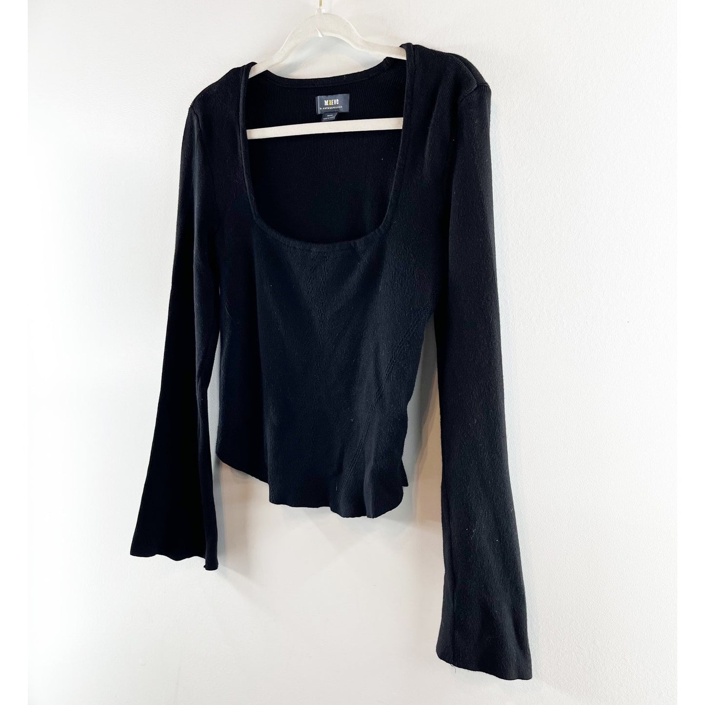 Maeve Anthropologie Square Neck Ribbed Bell Sleeve Sweater Black Medium