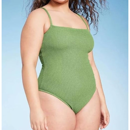 Shade & Shore Square Neck Textured One Piece Swimsuit Green Large