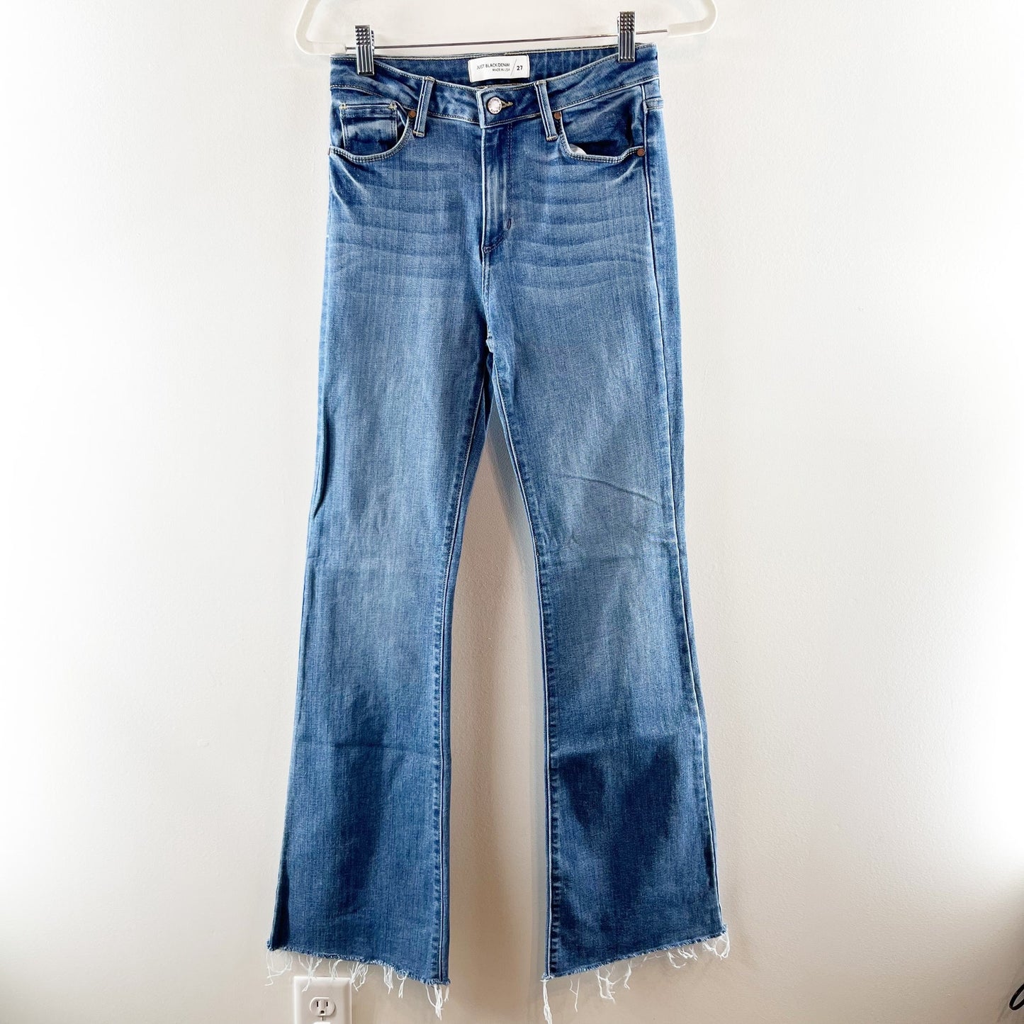 Just Black Denim Mid Rise Fall Flare Raw Hem Jeans Medium Wash Blue 27