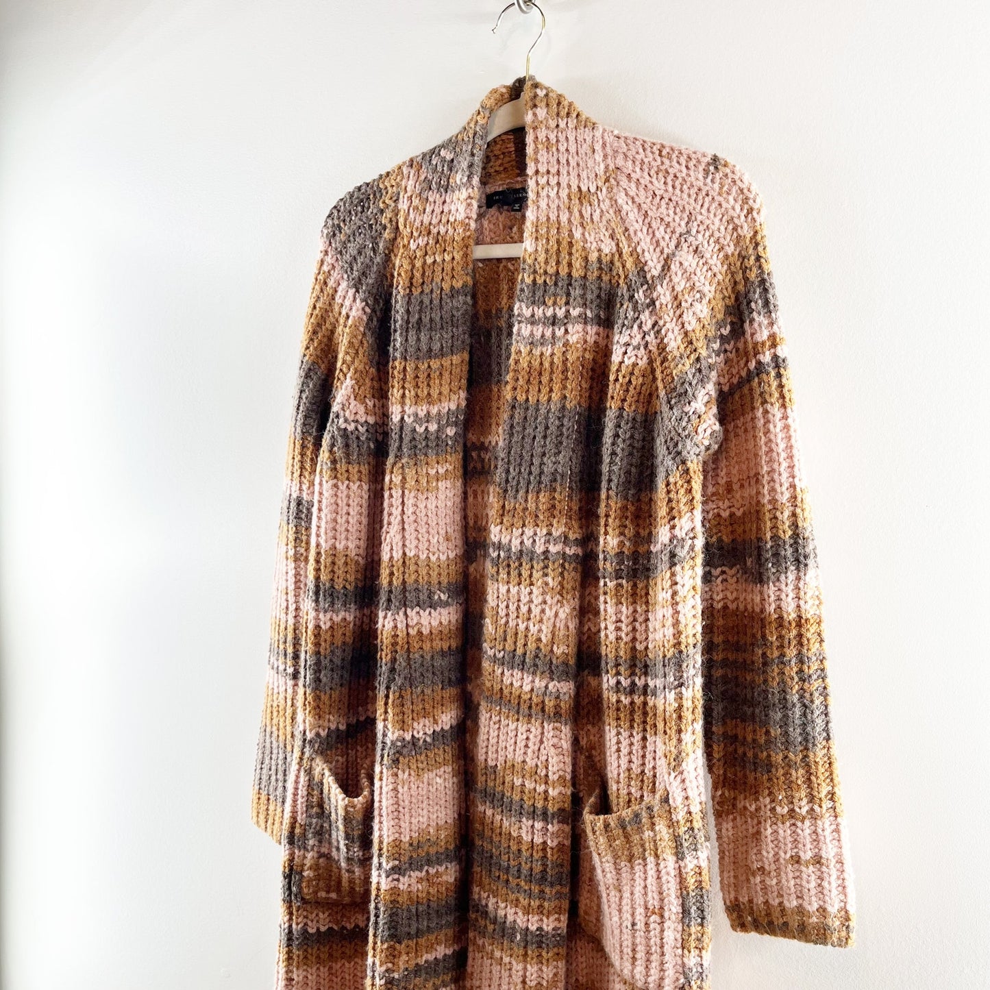 Skull Cashmere Open Striped Chunky Duster Cardigan Sweater Brown Pink Medium