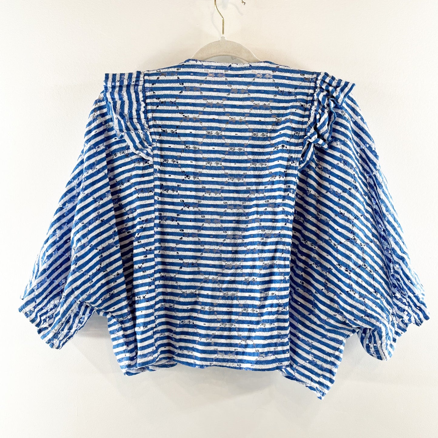 Anthropologie 3/4 Sleeve Striped Open Cropped Eyelet Cardigan Top Blue White O/S
