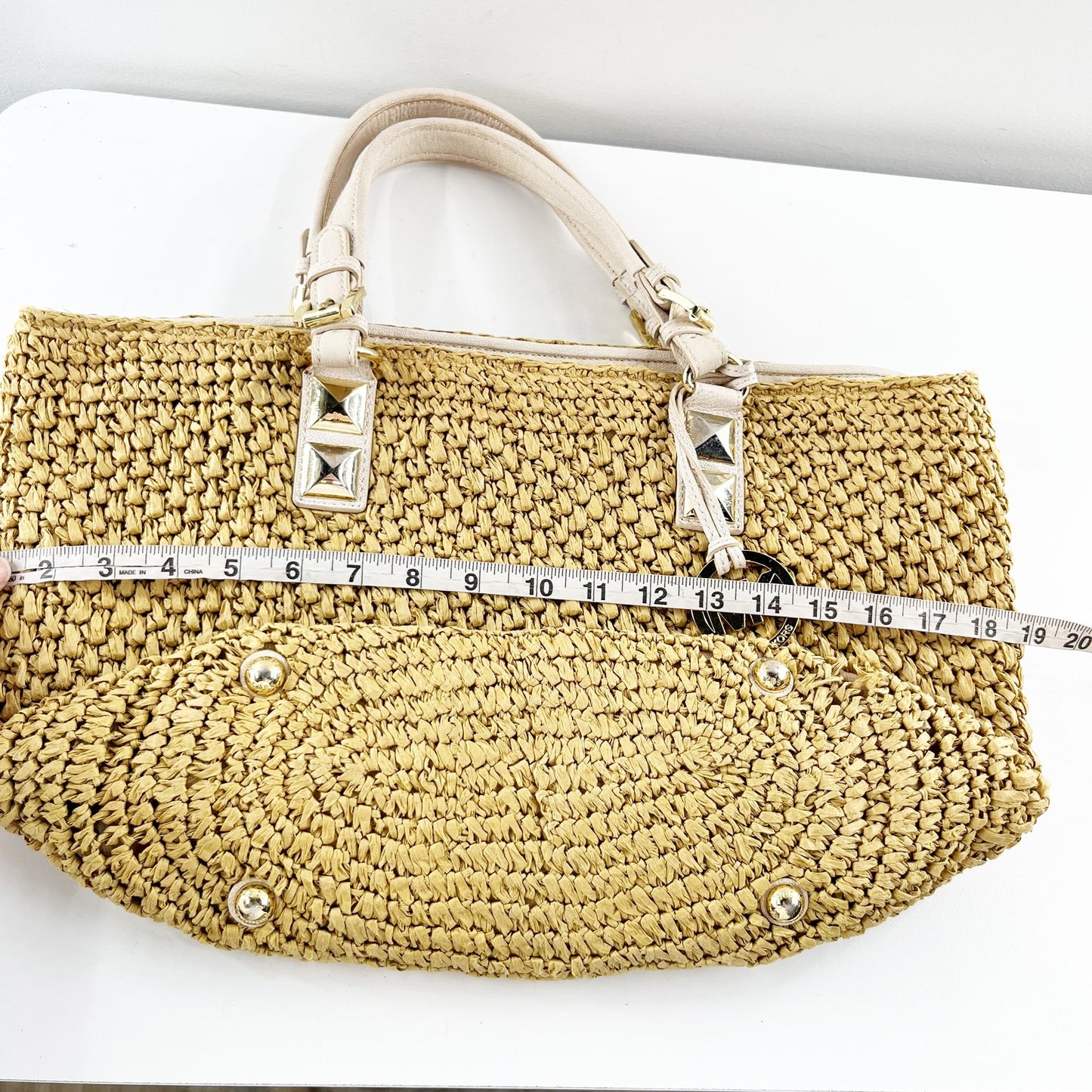 Michael Kors Santorini Straw Raffia Tote Bag Beach Tan White