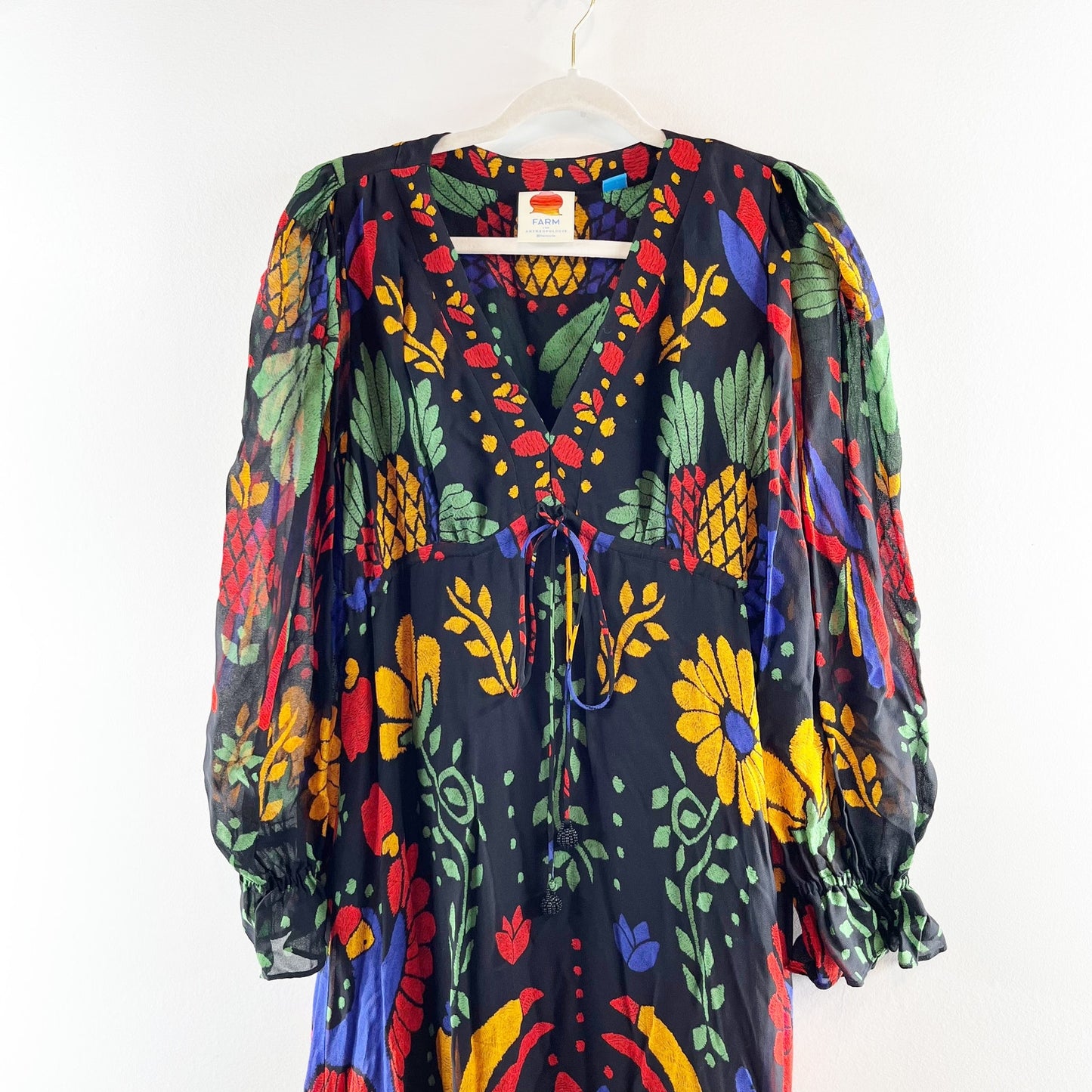 Farm Rio Georgette Tropical Puff Sleeve V-Neck Ruffle Maxi Dress Black Medium