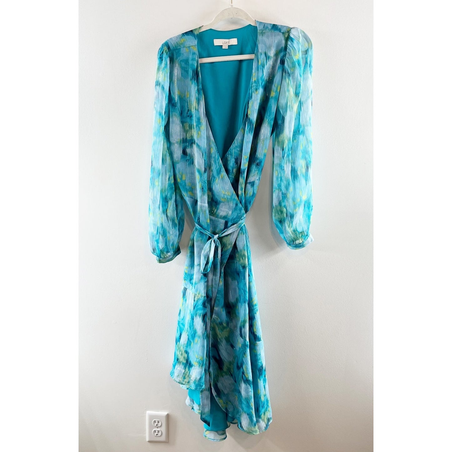 Loft Watercolor Floral Chiffon Puff Long Sleeve Midi Wrap Dress  Blue 10