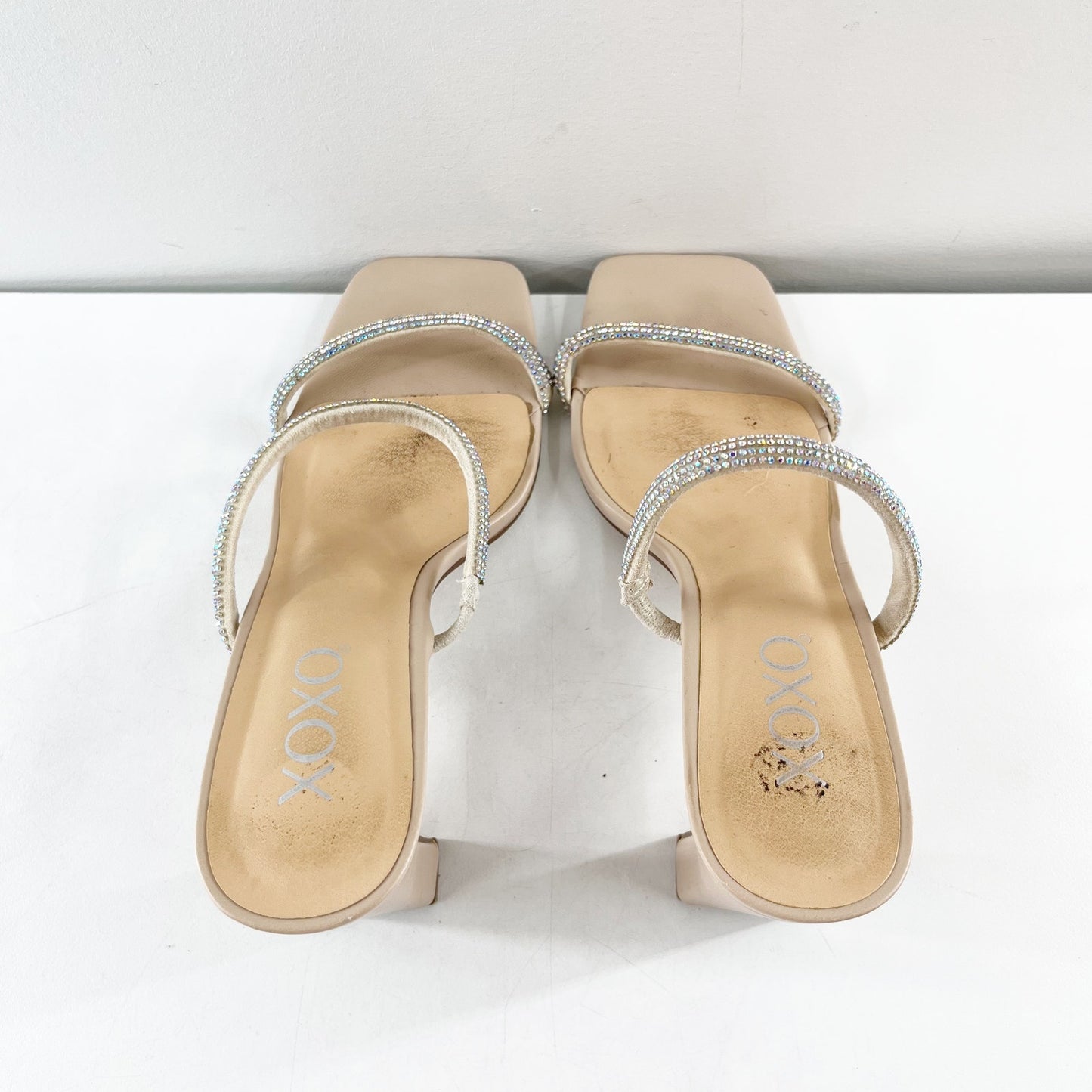 XOXO Folee Double Rhinestone Square Toe Block Heel Sandals Nude 7.5
