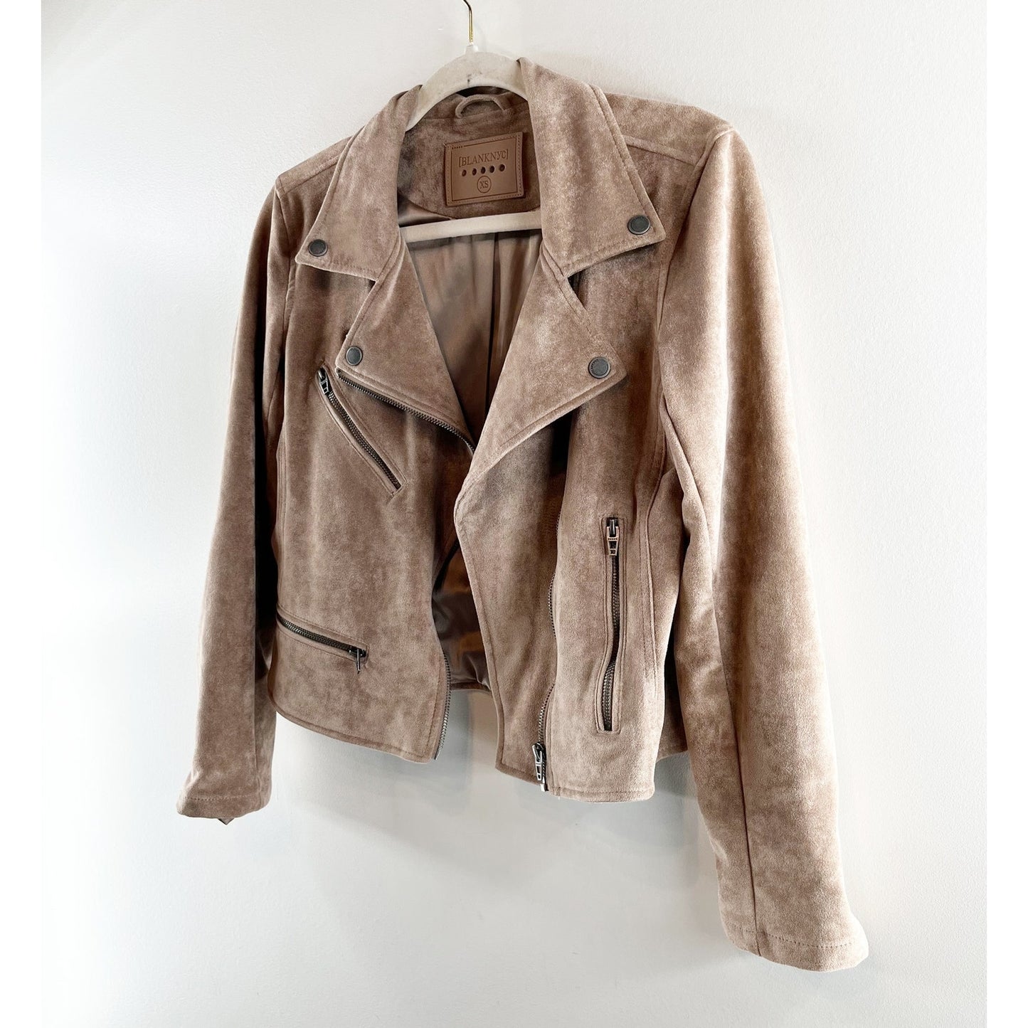 Blank NYC Faux Suede Long Sleeve Moto Jacket Tan Beige XS