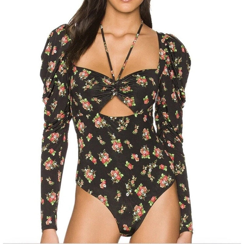 AFRM Coppelia Halter Neck Thong Bodysuit Noir Rose Garden Small