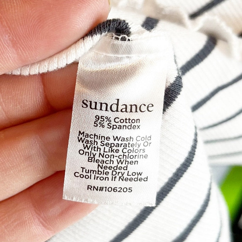 Sundance Cotton Striped Short Sleeve Scoopneck Henley Tee Shirt White Blue Small