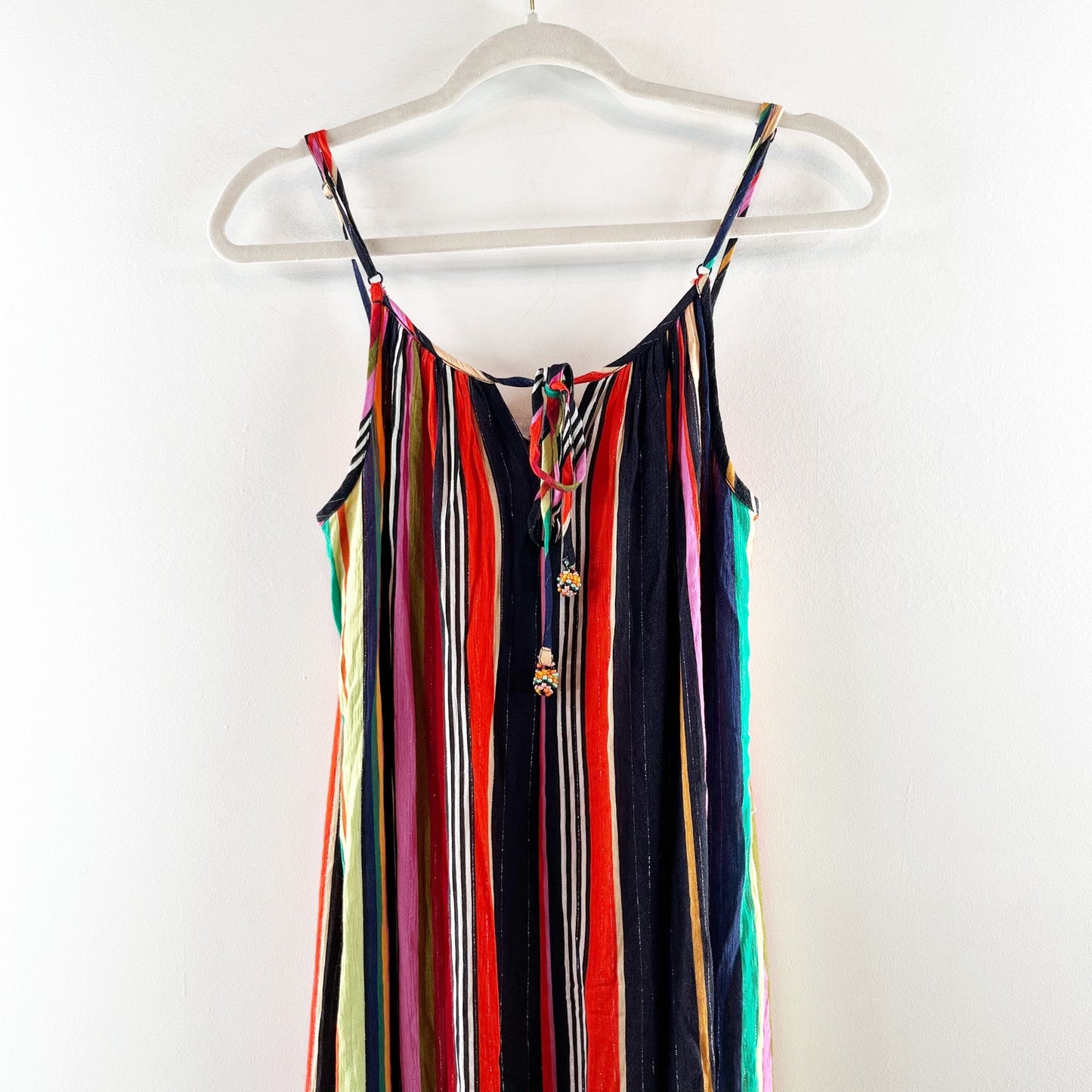 Farm Rio Rainbow Shimmer Striped Sleeveless Tiered Maxi Dress Small