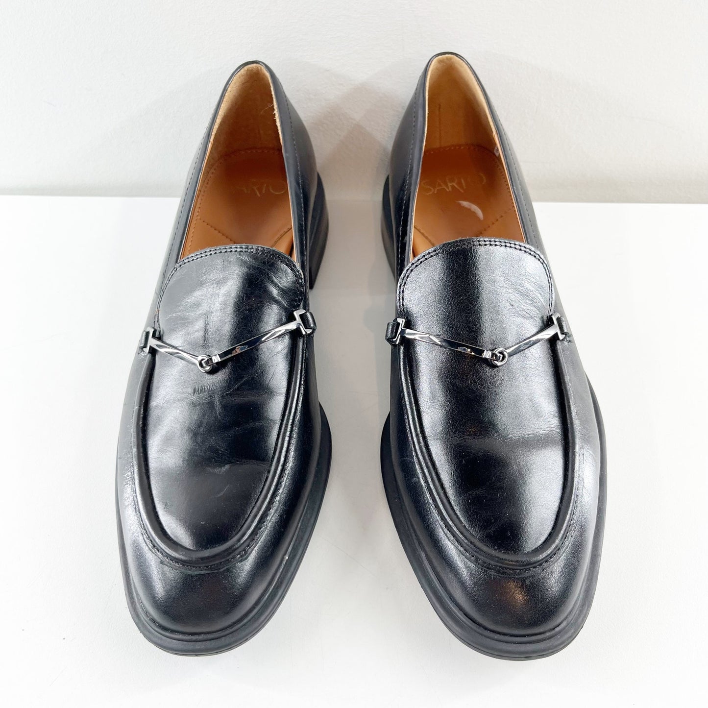 Franco Sarto Eda Leather Classic Slip-On Loafers with Metal Strap Detail Black 9