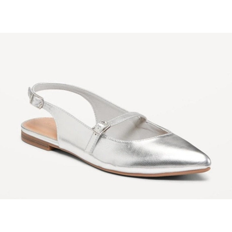 Antonio De Faria Anna Leather Slingback Mary Jane Pointed Toe Flats Silver 9