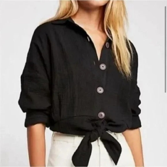 Free People Sun Streaks Long Sleeve Gauzy Cotton Button Up Shirt Black Medium