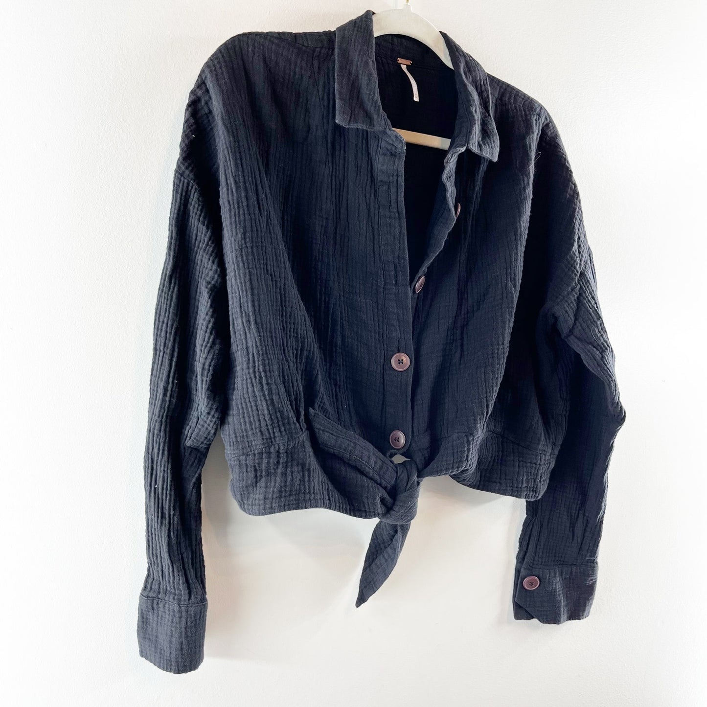 Free People Sun Streaks Long Sleeve Gauzy Cotton Button Up Shirt Black Medium