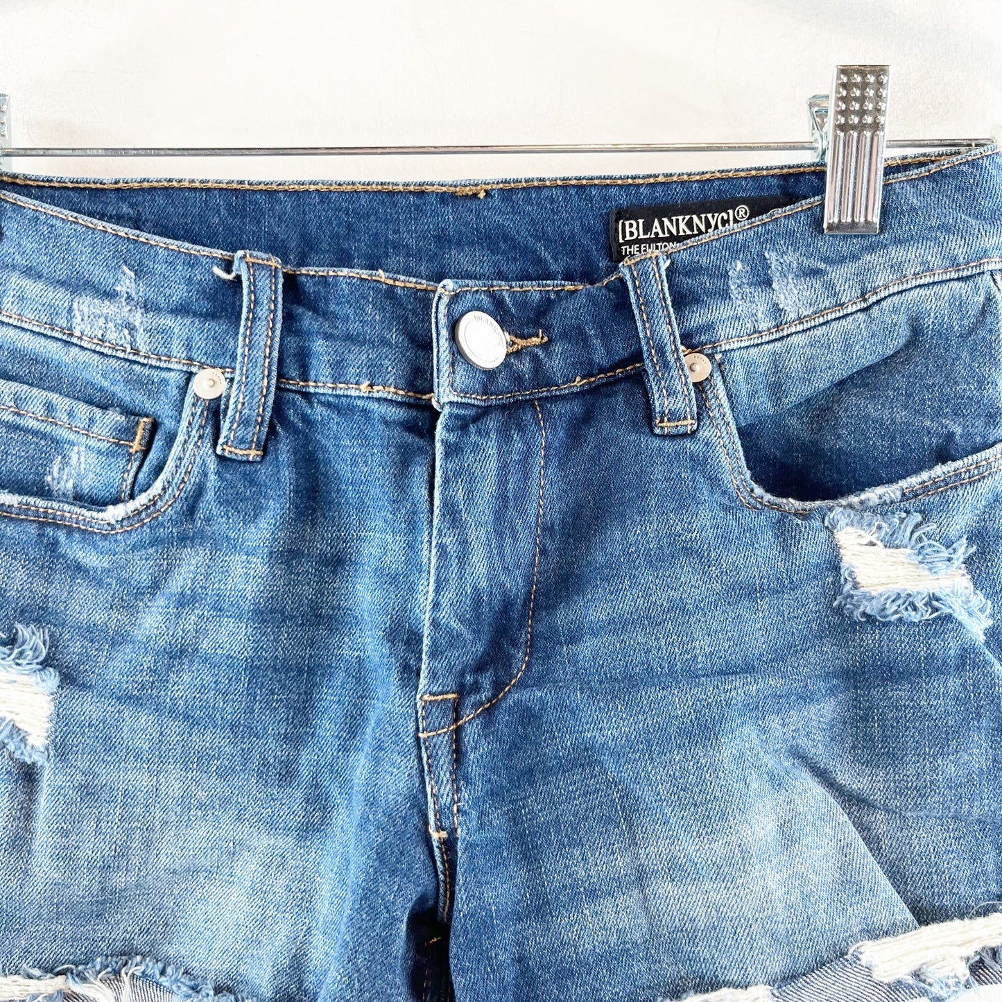 Blank NYC The Fulton Distressed Cutoff Mid Rise Jean Shorts Blue 25