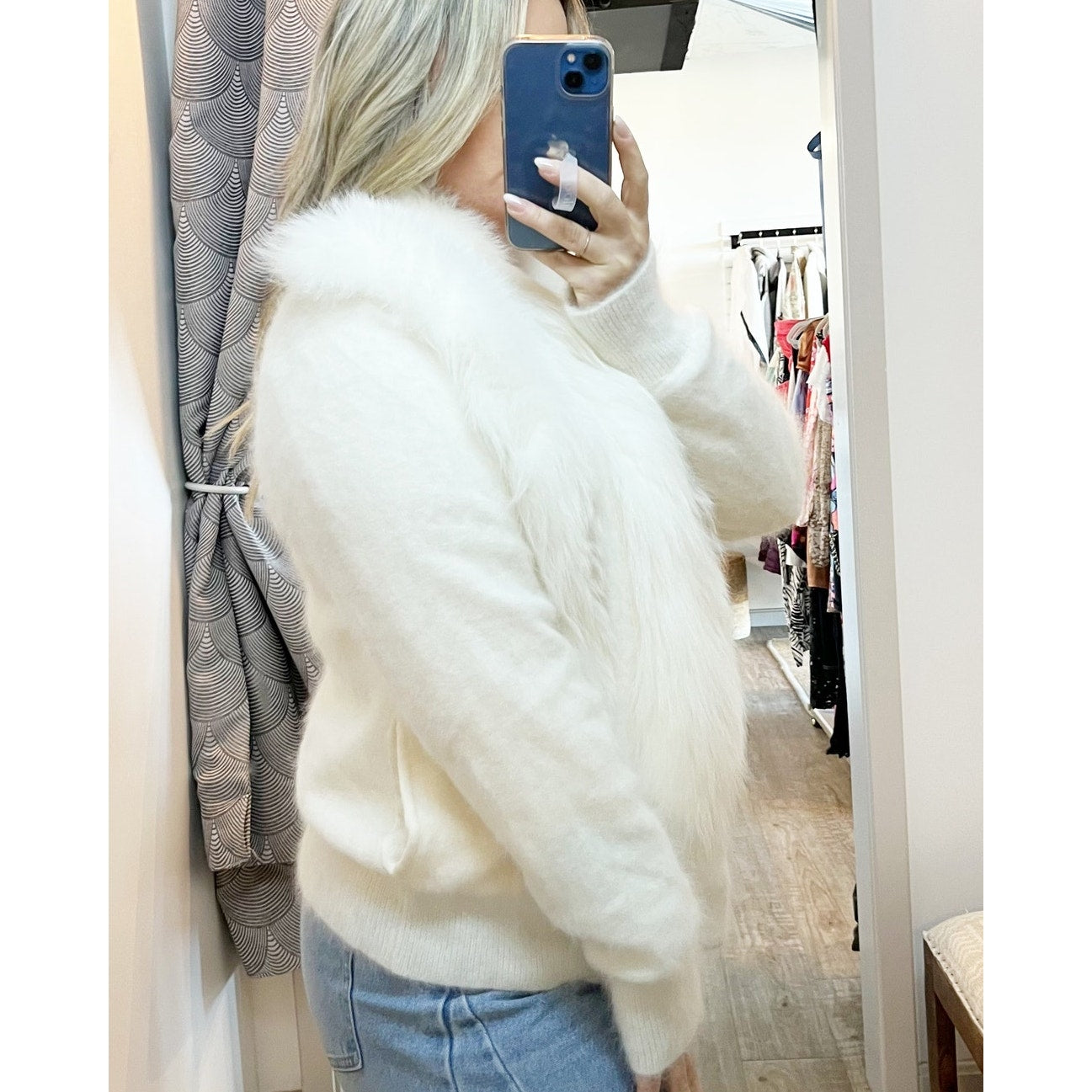 Patty Kim Long Sleeve Rabbit Fur Open Front Cardigan Sweater Cream Small / M