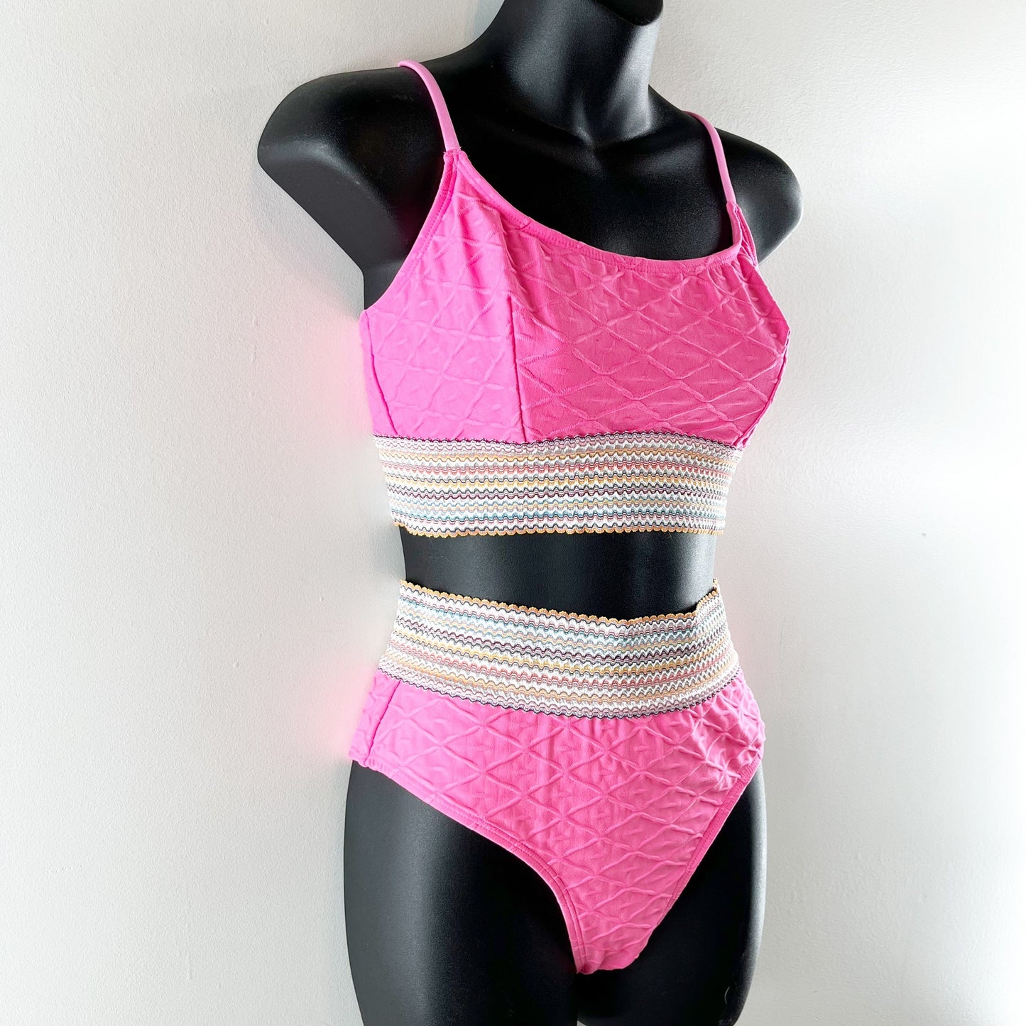 CUPSHE Geo-Stitch Scoop Bralette High Waist Bikini Set Pink Medium